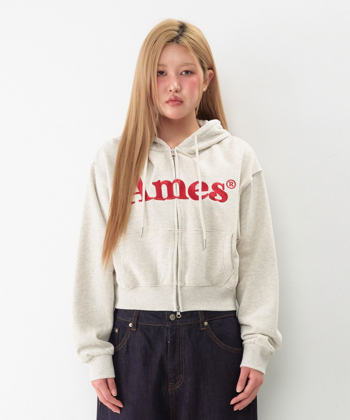 아메스 월드와이드(AMES-WORLDWIDE) BASIC LOGO HOODIE ZIP UP OATMEAL