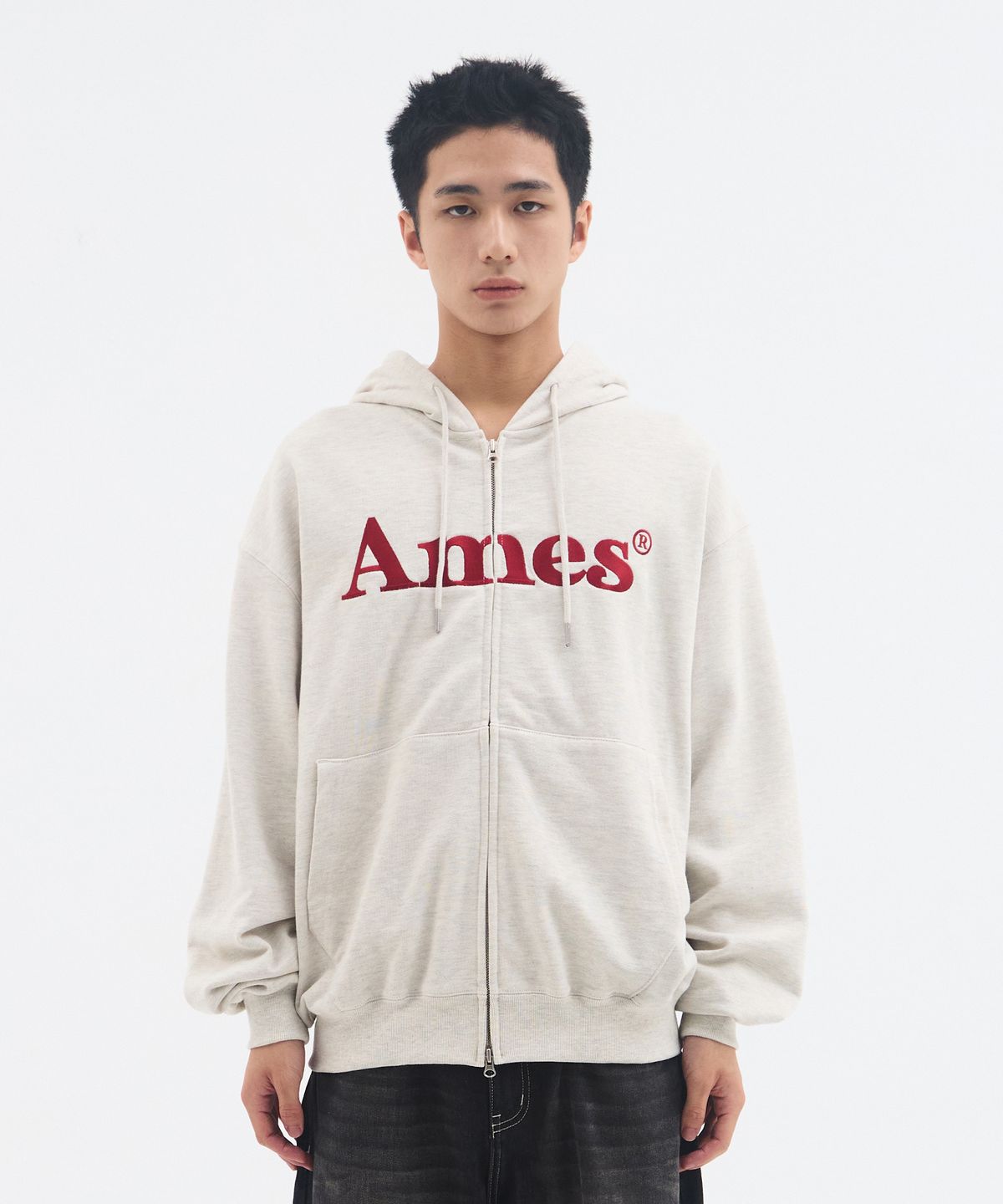 아메스 월드와이드(AMES-WORLDWIDE) BASIC LOGO HOODIE ZIP UP OATMEAL