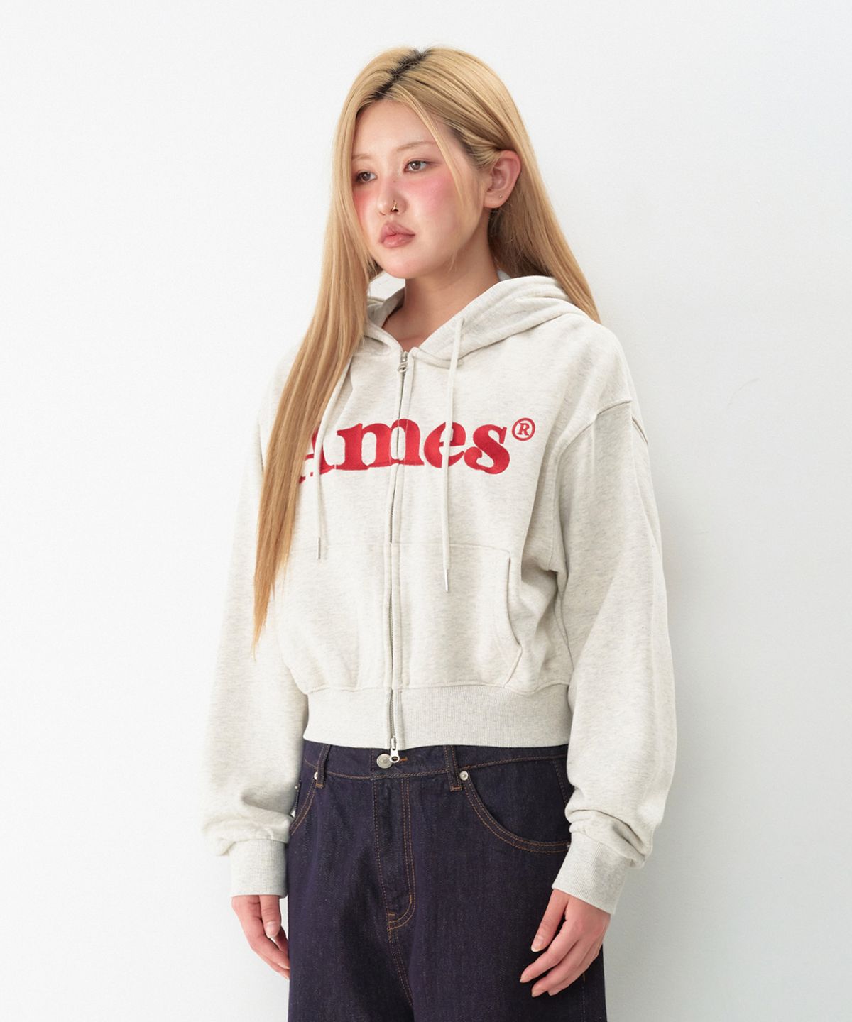 아메스 월드와이드(AMES-WORLDWIDE) BASIC LOGO HOODIE ZIP UP OATMEAL