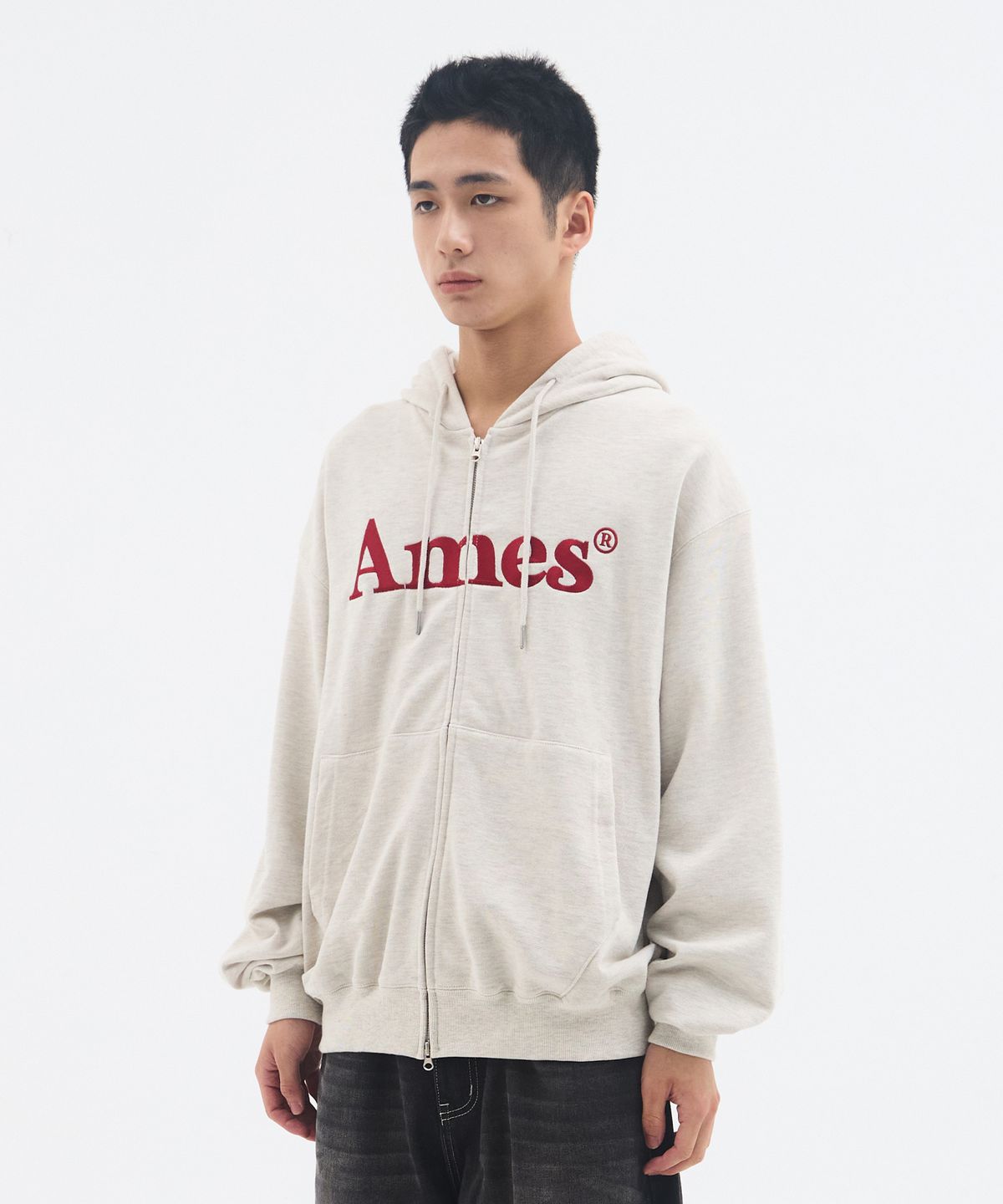 아메스 월드와이드(AMES-WORLDWIDE) BASIC LOGO HOODIE ZIP UP OATMEAL