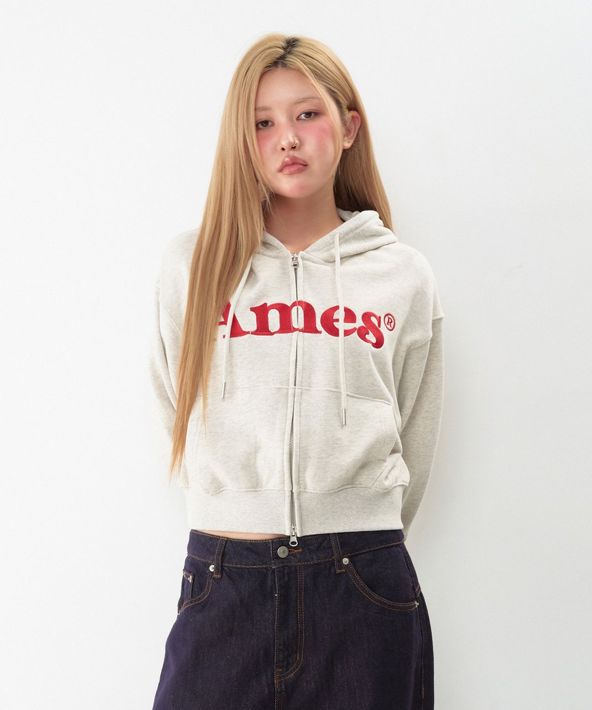 아메스 월드와이드(AMES-WORLDWIDE) BASIC LOGO HOODIE ZIP UP OATMEAL