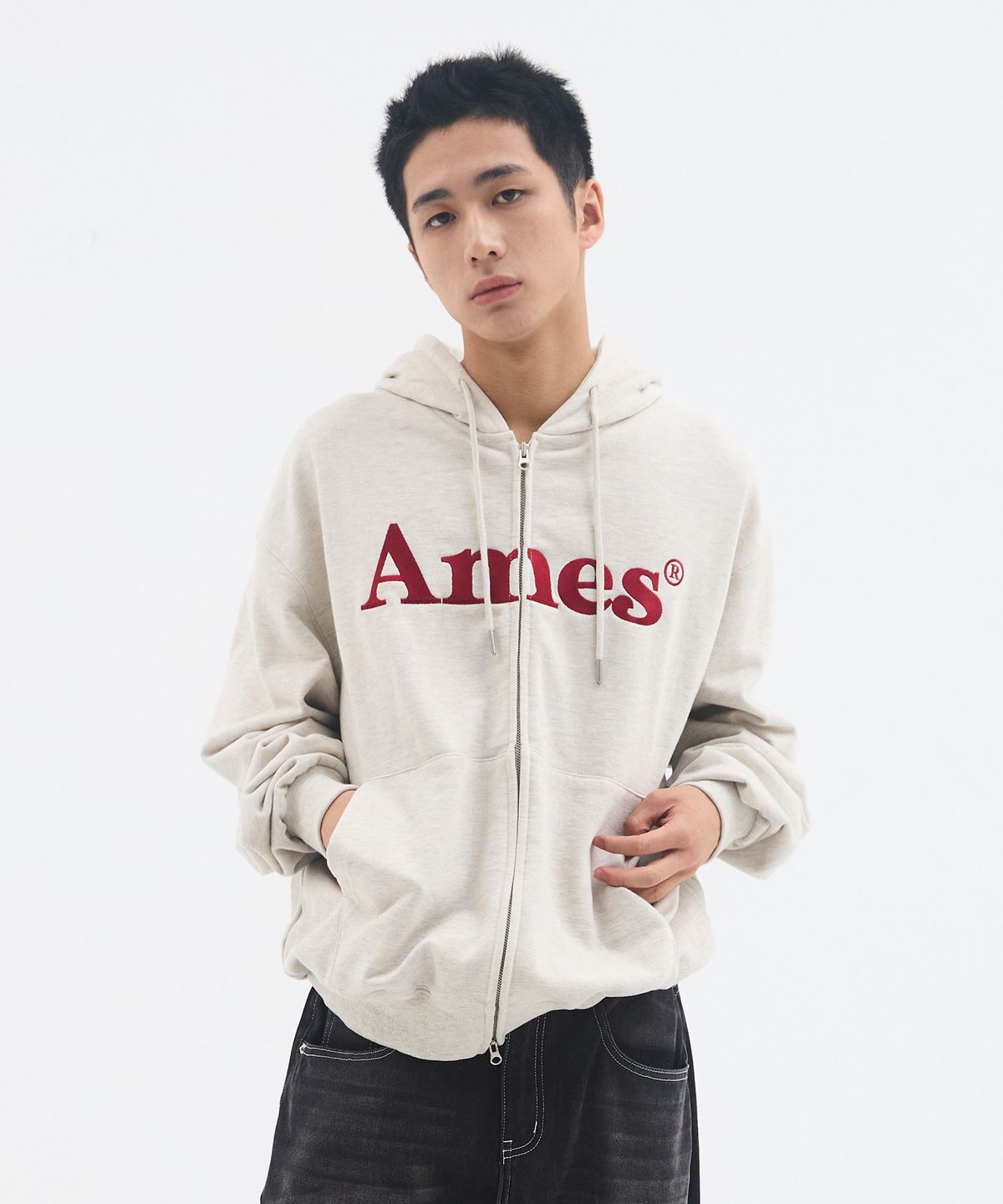 아메스 월드와이드(AMES-WORLDWIDE) BASIC LOGO HOODIE ZIP UP OATMEAL