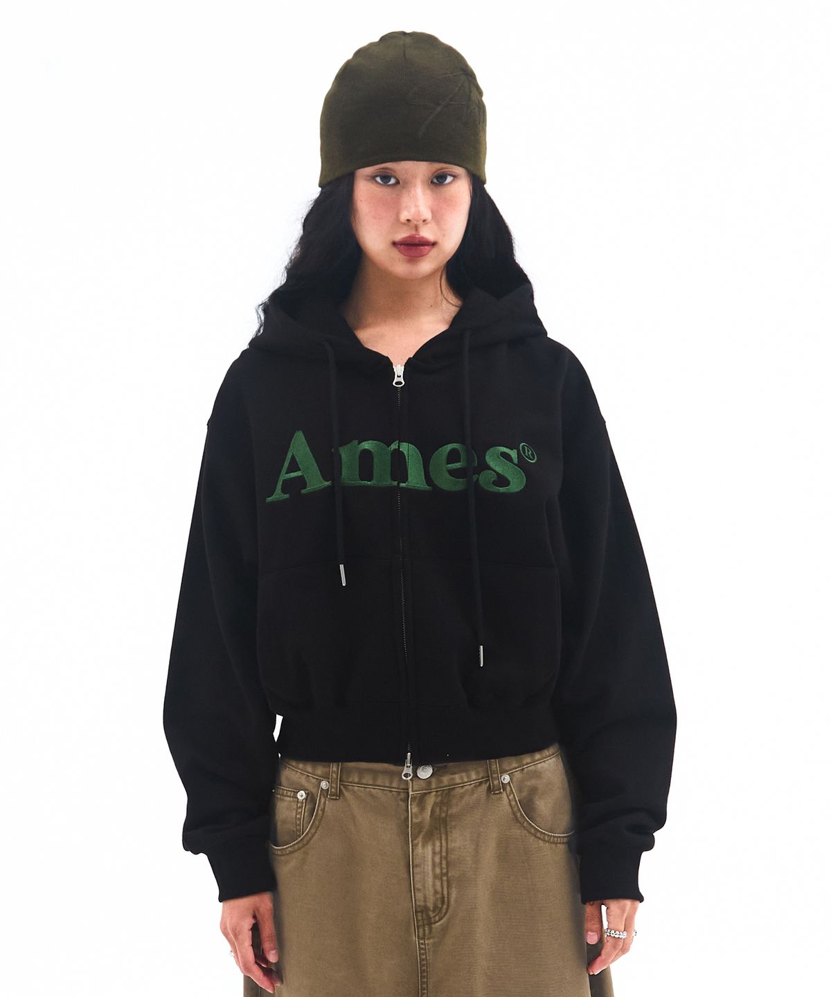 아메스 월드와이드(AMES-WORLDWIDE) BASIC LOGO HOODIE ZIP UP BLACK