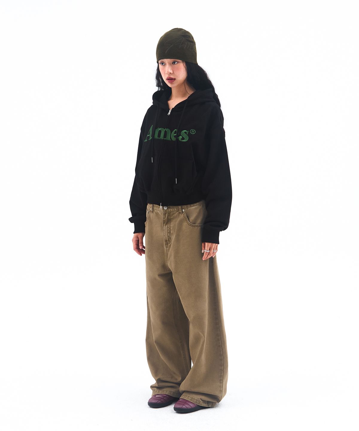 아메스 월드와이드(AMES-WORLDWIDE) BASIC LOGO HOODIE ZIP UP BLACK