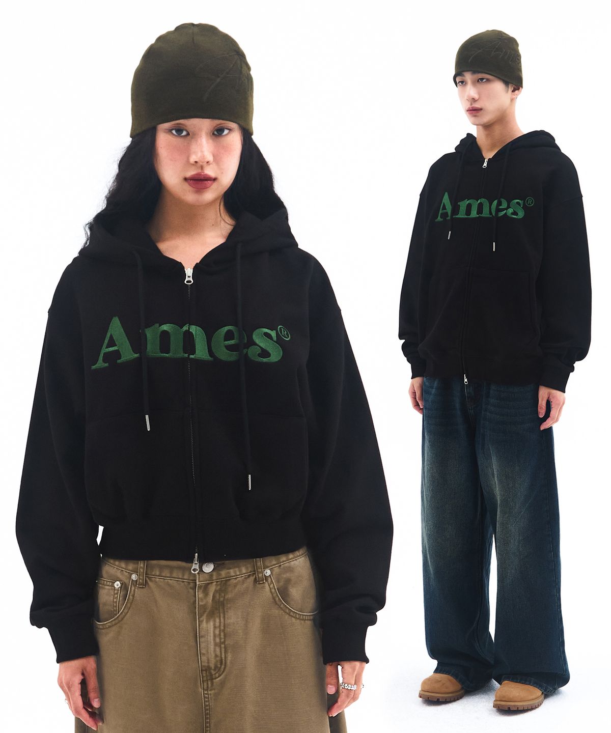 아메스 월드와이드(AMES-WORLDWIDE) BASIC LOGO HOODIE ZIP UP BLACK