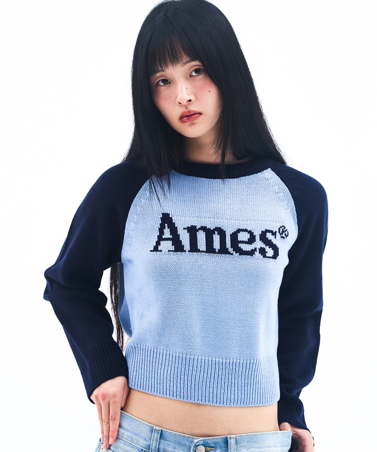 아메스 월드와이드(AMES-WORLDWIDE) BASIC RAGLAN PULLOVER KNIT BLUE