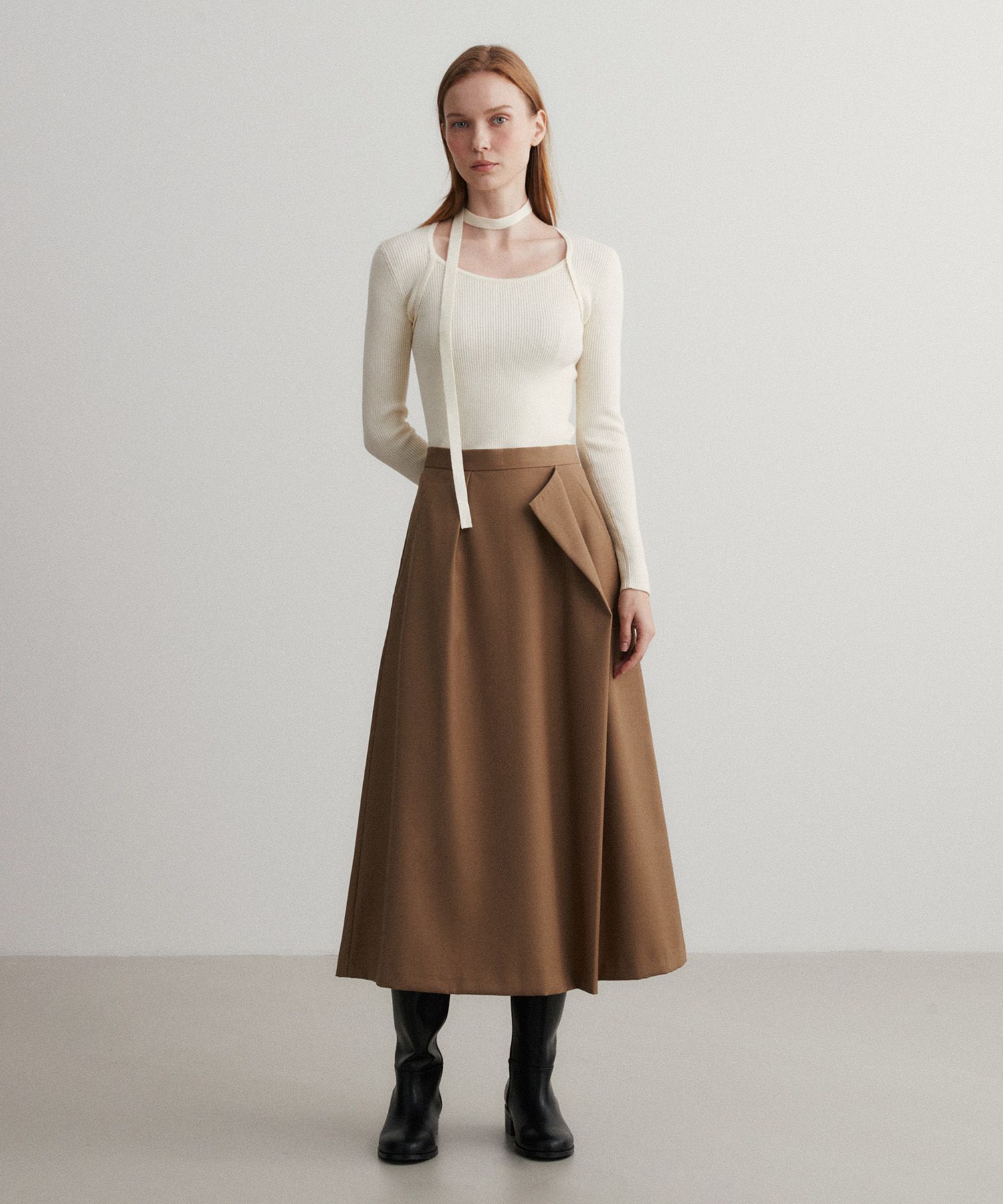 MUSINSA SUARE WOMEN (Women) Wool Unbalanced Pleated Long Skirt Beige