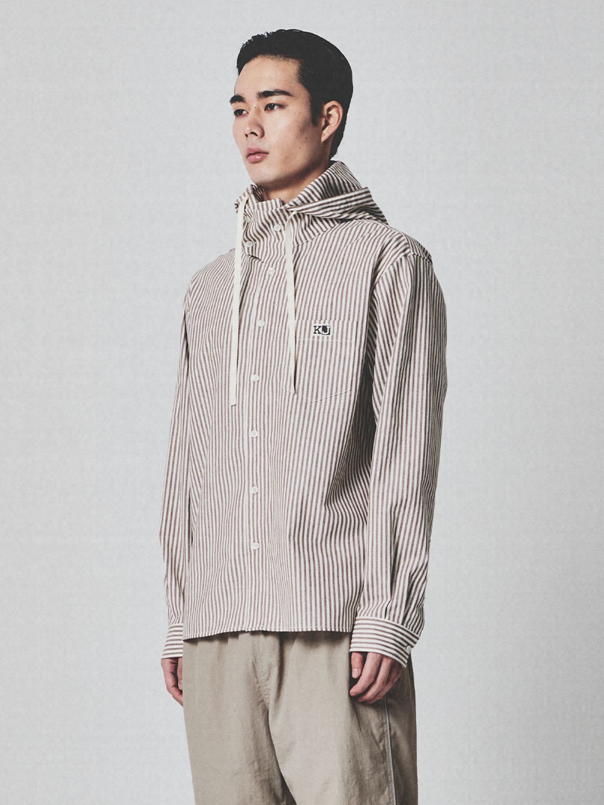 기준 맨(KIJUN MEN) Stripe Hoodie Shirt Brown Stripe