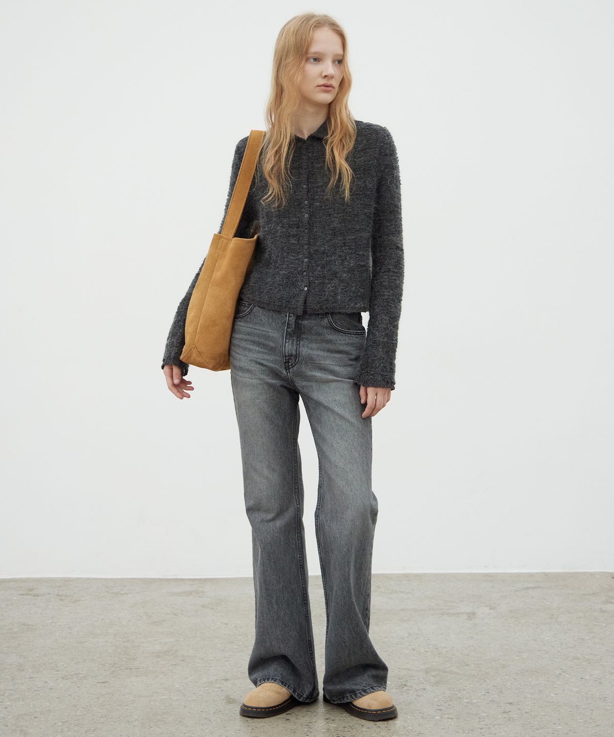 르바(LEVAR) Kid-Mohair Lace Jacquard Cardigan - Charcoal