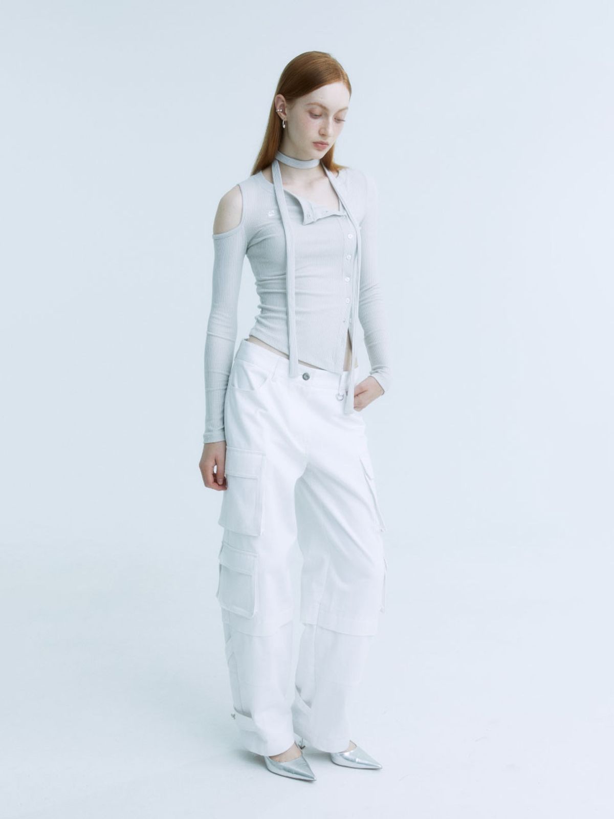 뮤제(MUSEE) VIENNE Unbalanced Cut-Out Detail Knitted Cardigan_Gray