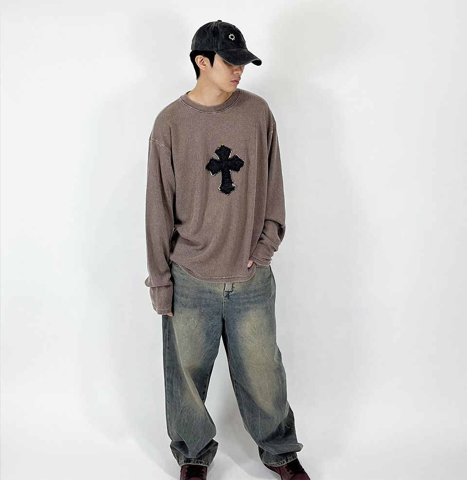 MUSINSA | SK8ER ROCK Classic Cross Pigment Oversized Knit ((Brown))
