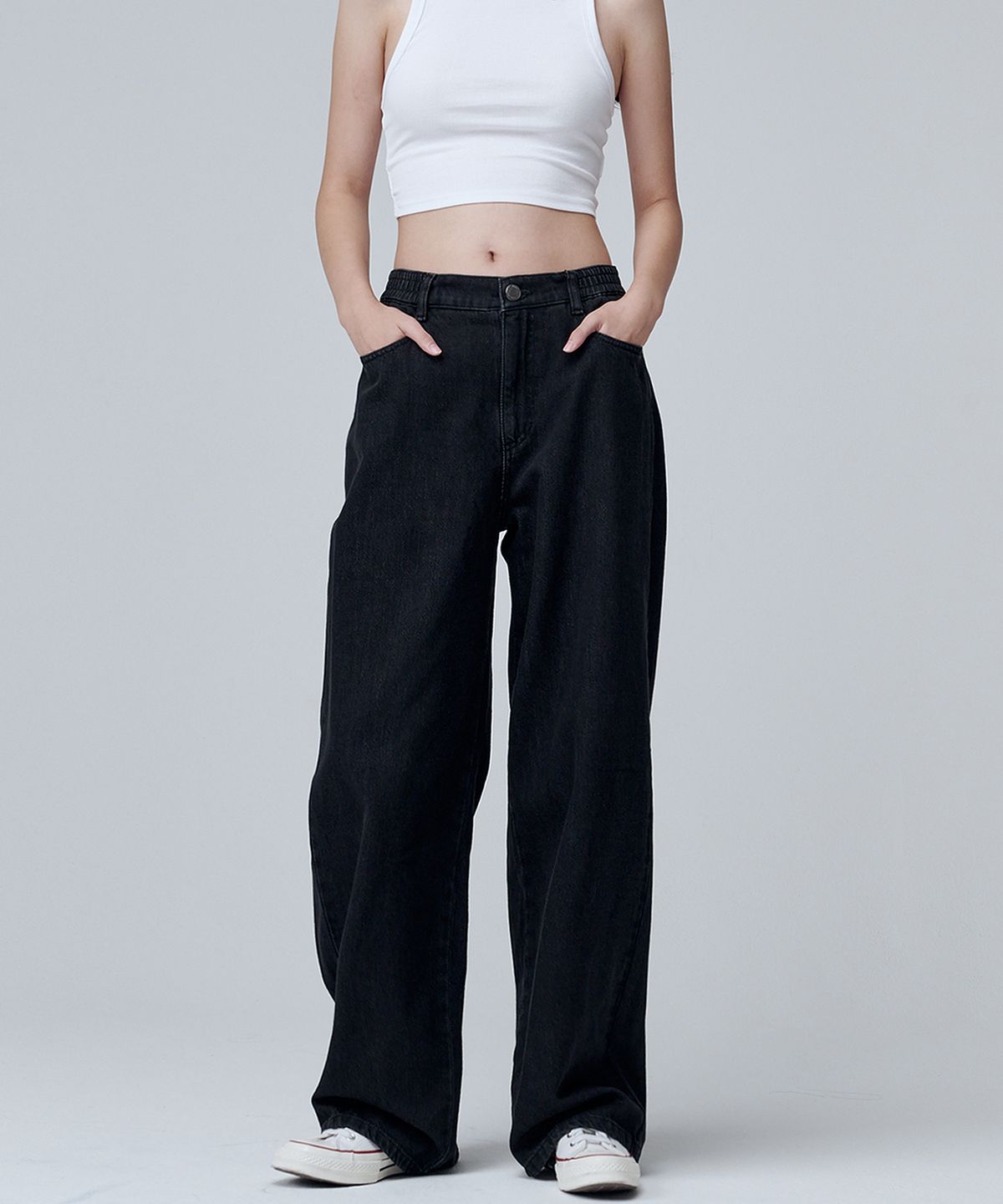 마롭(MALOUPE) 9136 밴딩 와이드 데님팬츠 (블랙)