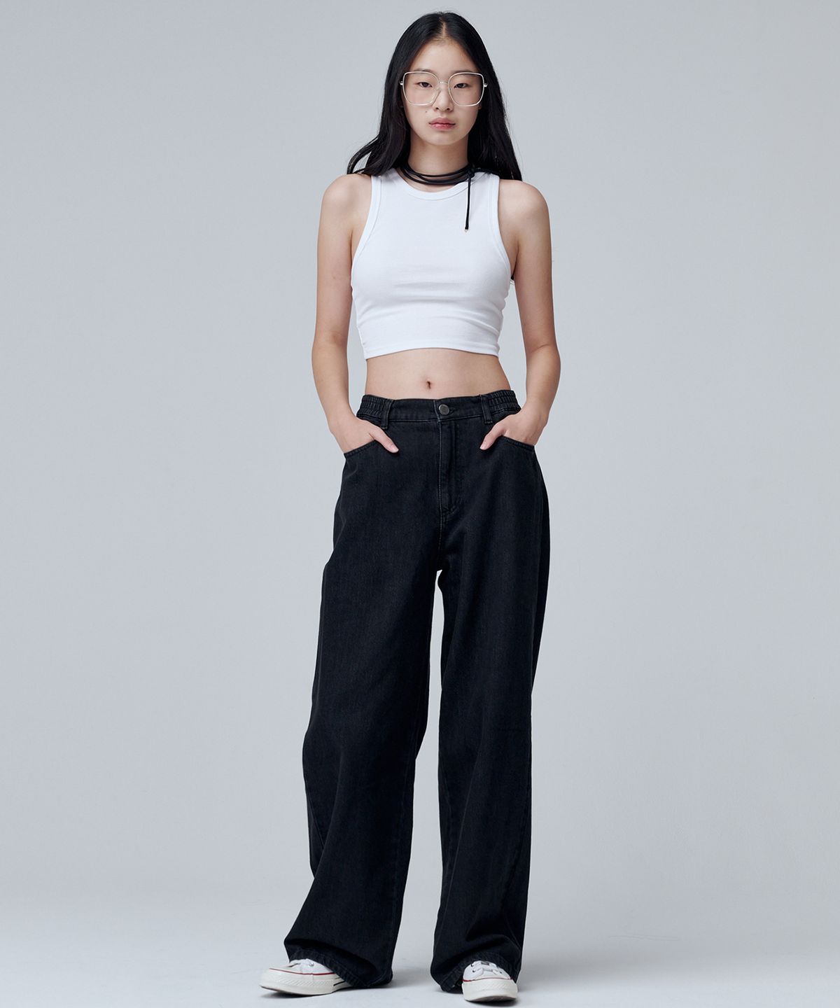 마롭(MALOUPE) 9136 밴딩 와이드 데님팬츠 (블랙)