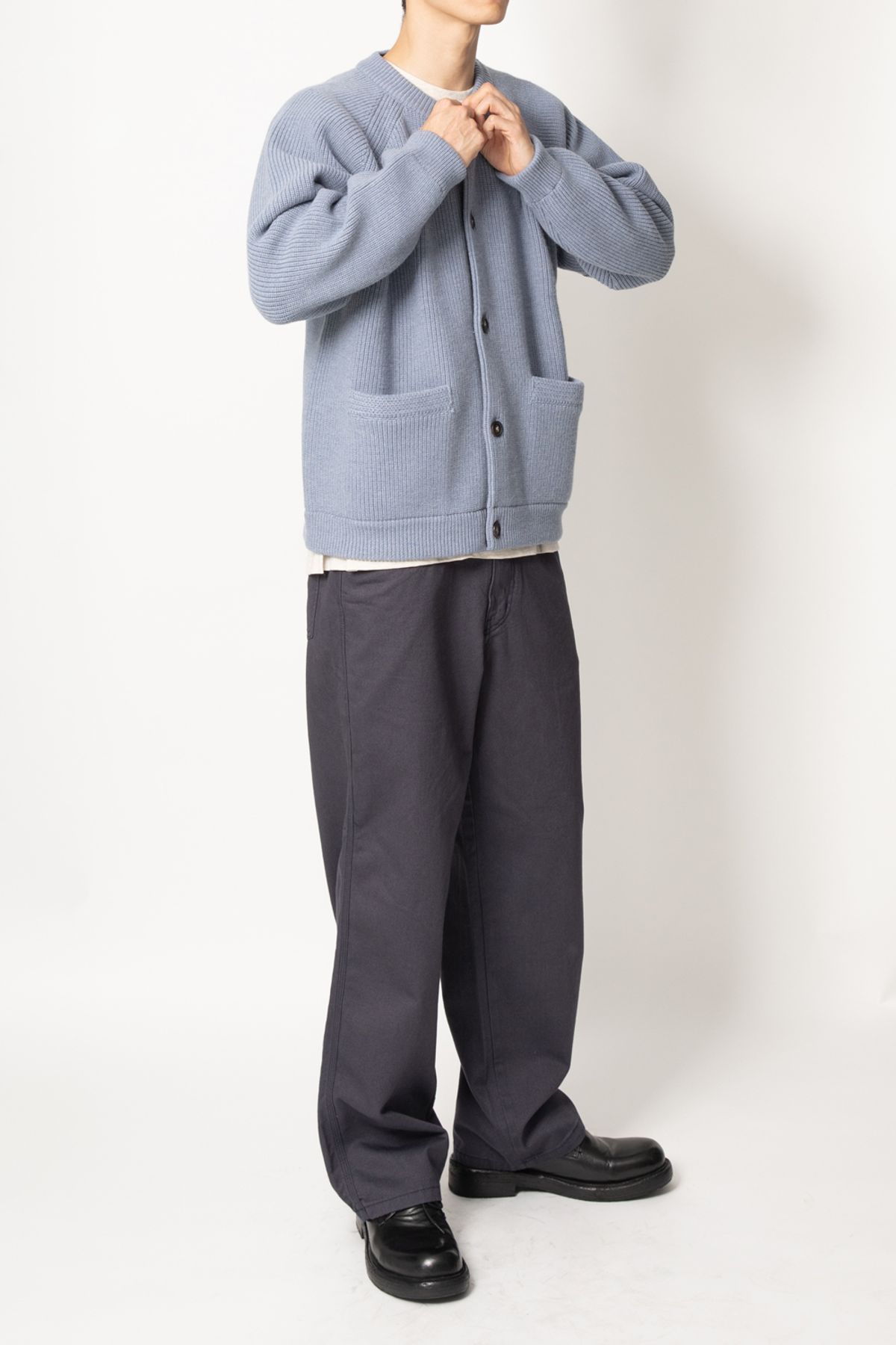 홀리선(HORLISUN) Annette Superfine Wool Heavy Rib Knit Cardigan Melange Blue