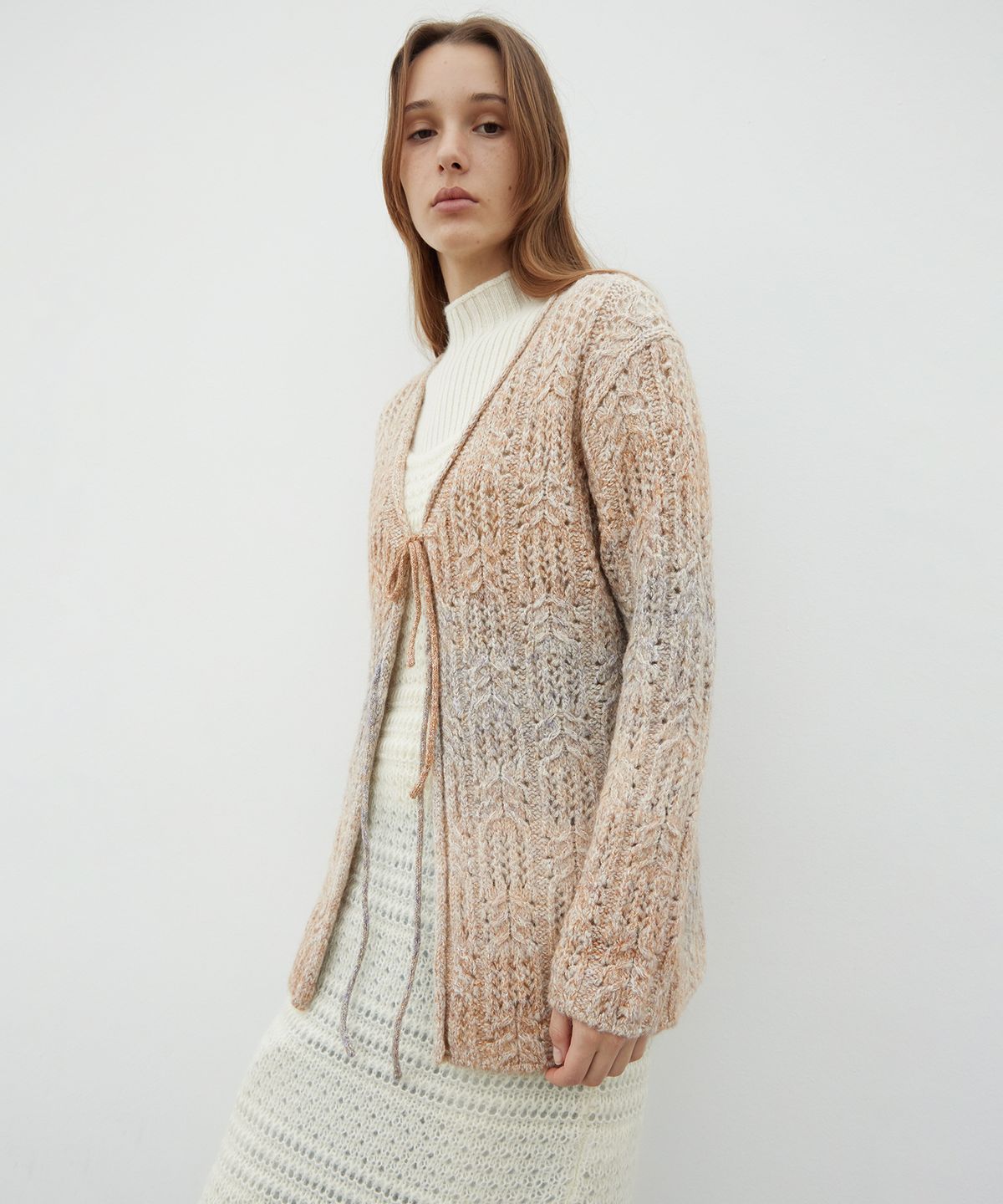 르바(LEVAR) Shimmer Ribbon Knit Cardigan - Sand Orange