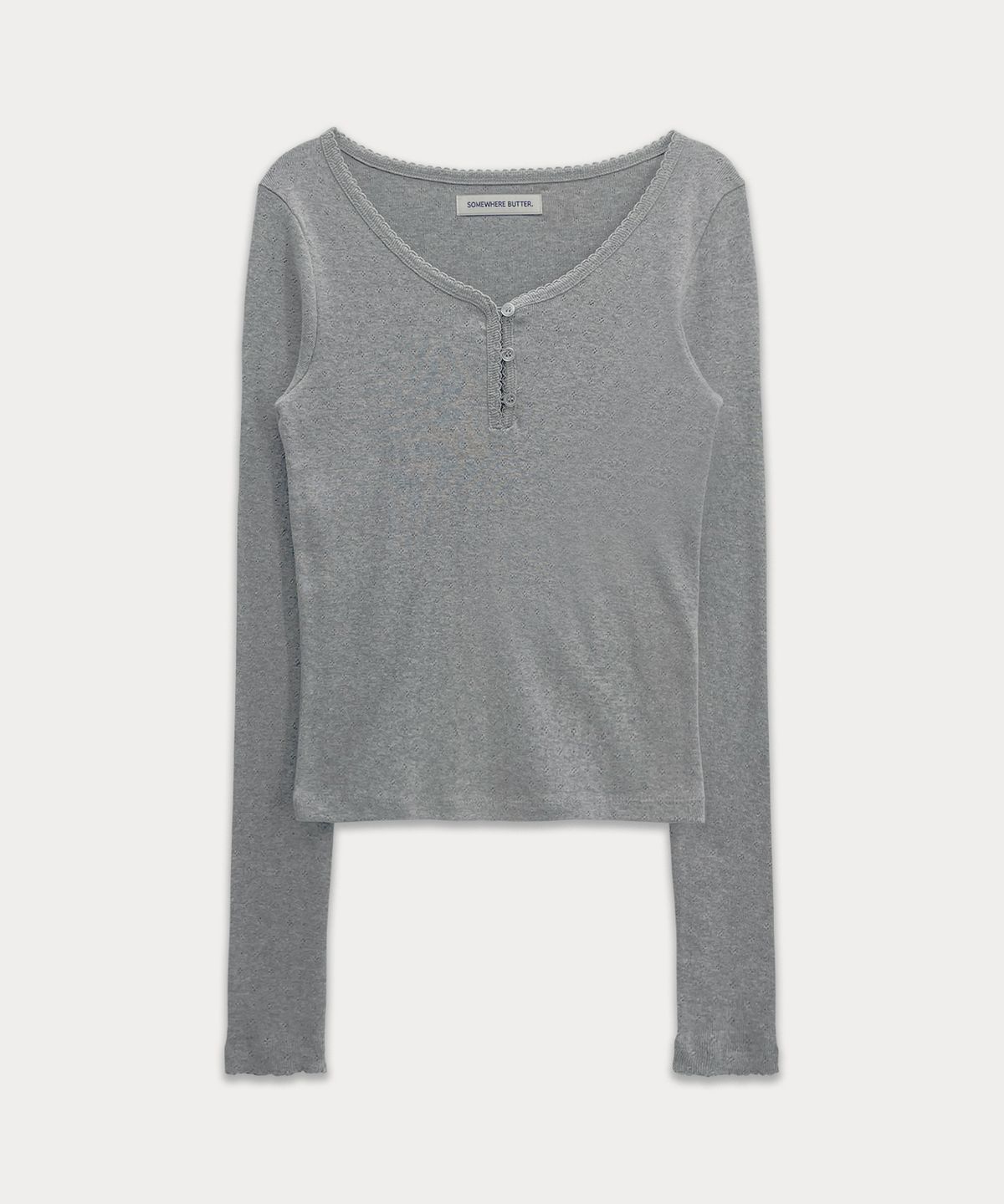 썸웨어버터(SOMEWHEREBUTTER) Lace Button Long Top - Grey