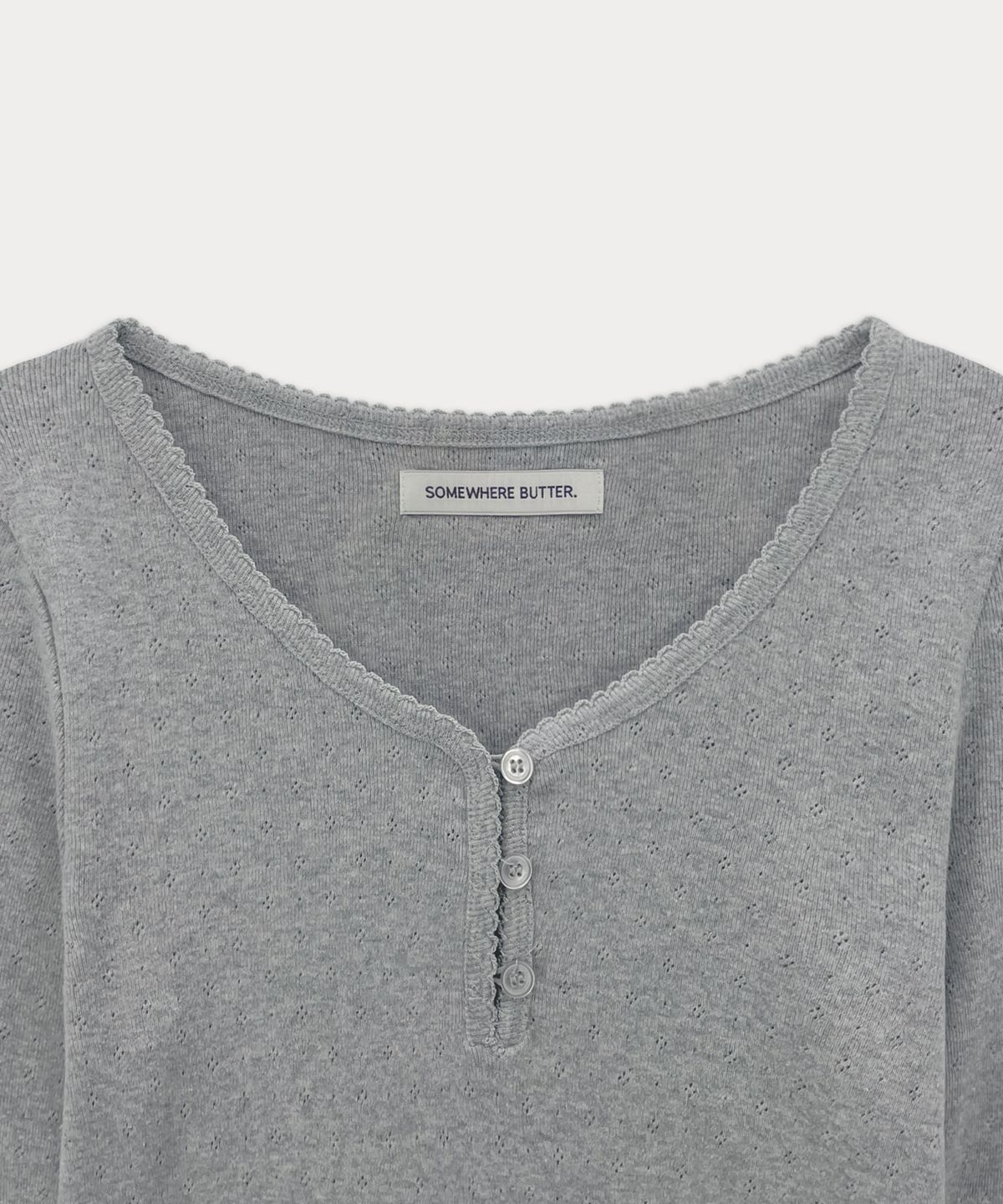 썸웨어버터(SOMEWHEREBUTTER) Lace Button Long Top - Grey