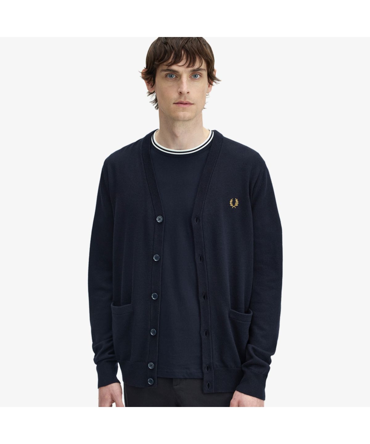 프레드페리(FRED PERRY) [Baseline] 클래식 메리노울 가디건 - 네이비/다크카라멜 AFPM2439551-795