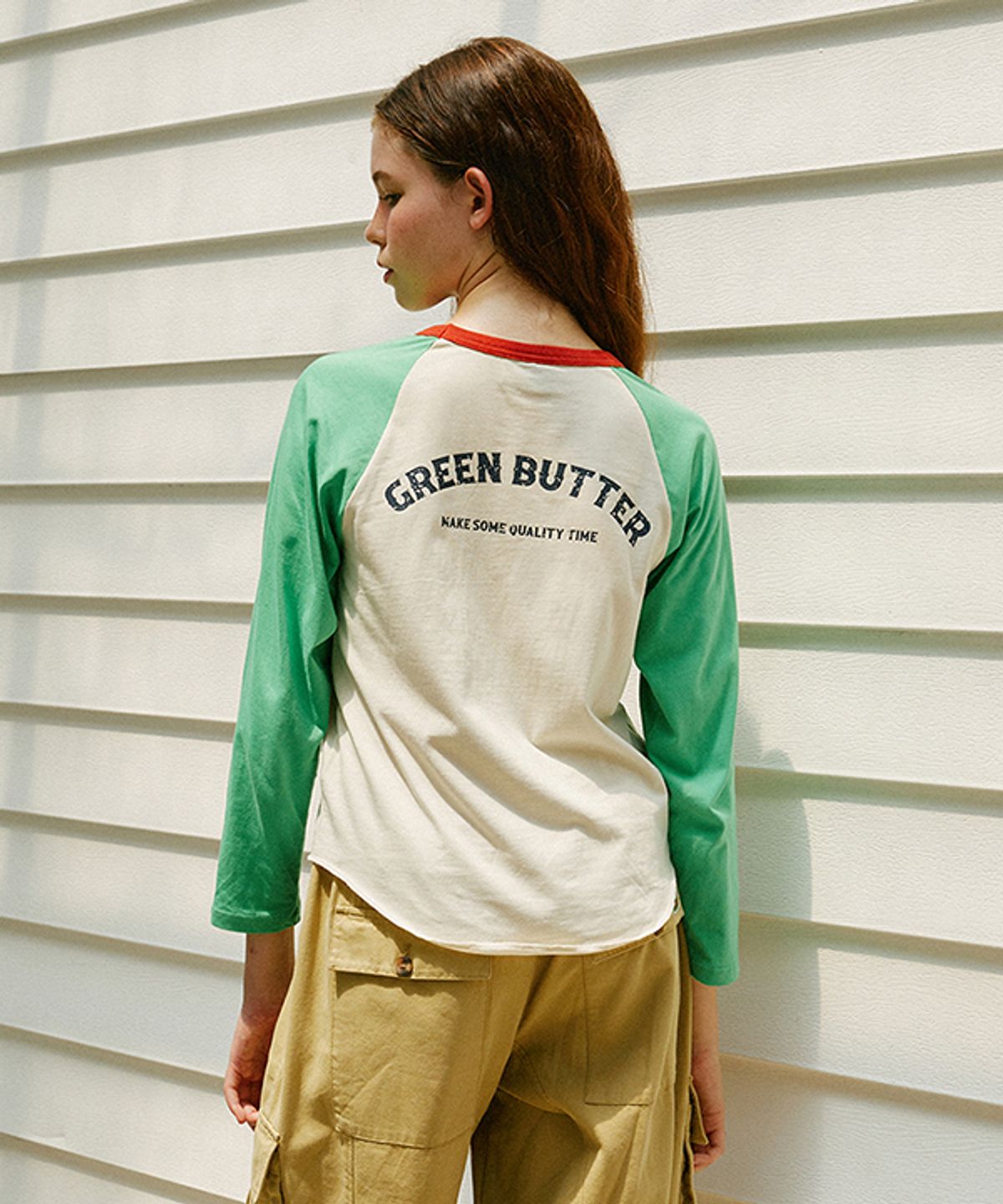 그린버터(GREENBUTTER) Western Raglan Sleeve Tee (Beige/Green)