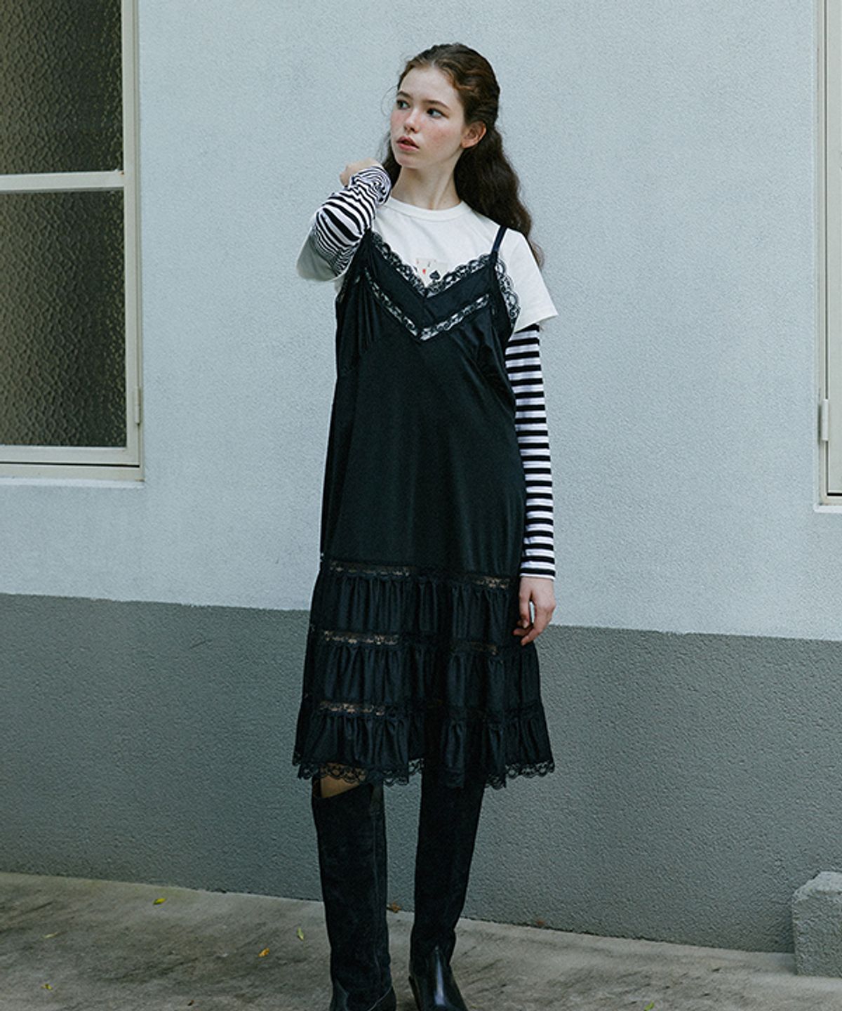 그린버터(GREENBUTTER) Shirring Lace Slip dress (Black)