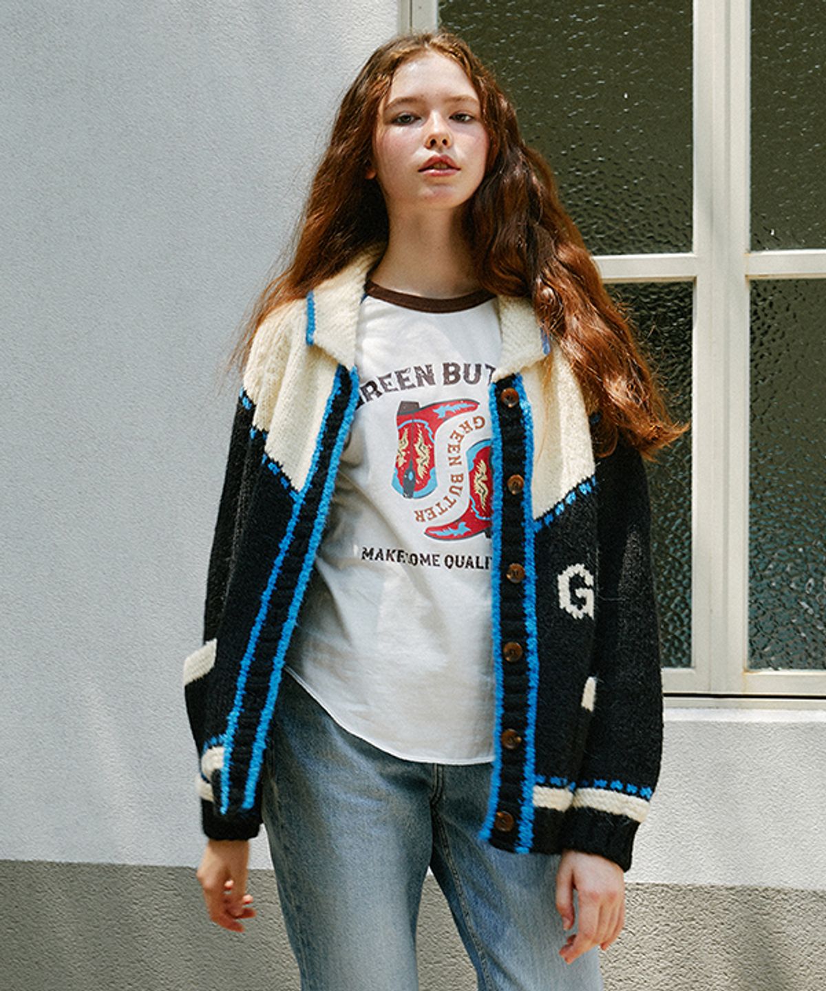 그린버터(GREENBUTTER) Elbow Jacquard Cowichan Cardigan (Black)