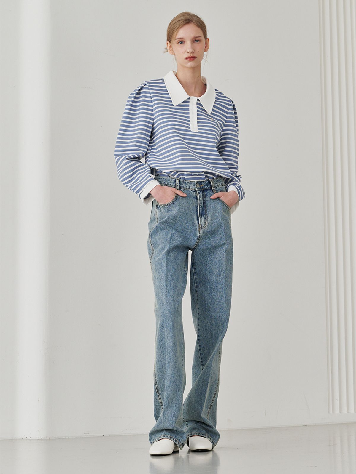누브(NOUVE) Straight Stitch Denim Pants - Blue