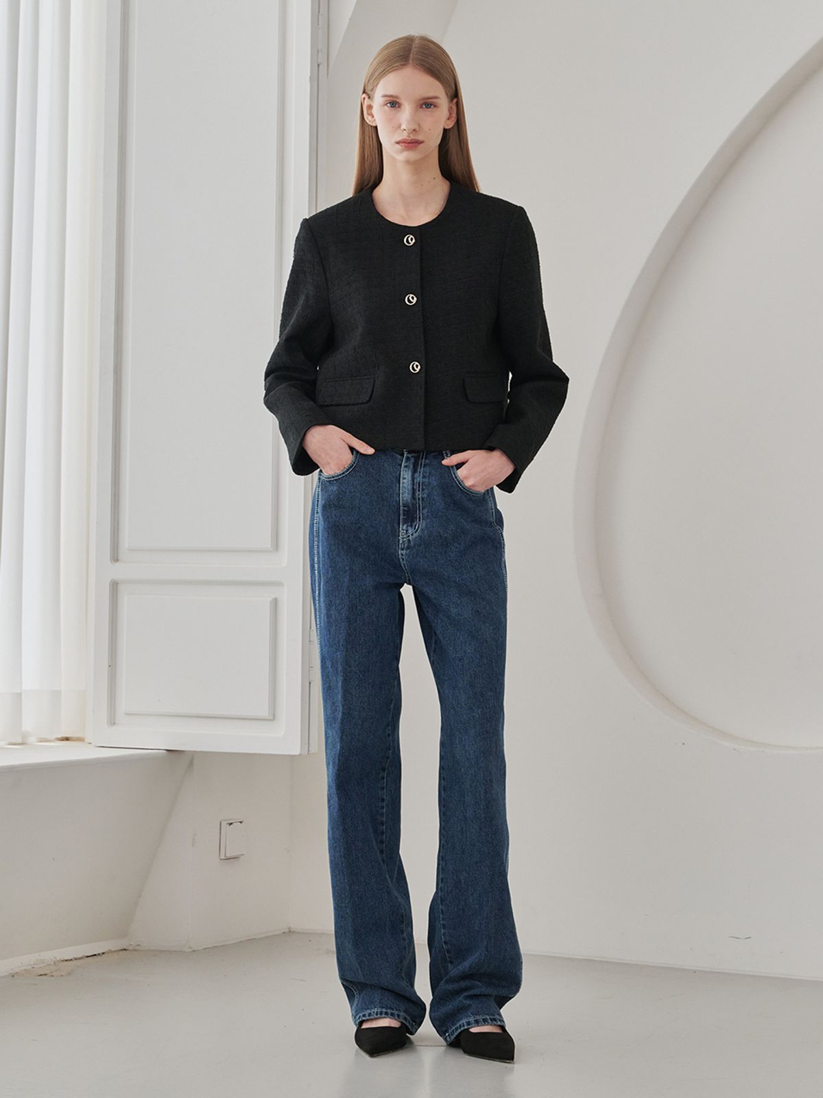 누브(NOUVE) Straight Stitch Denim Pants - Navy