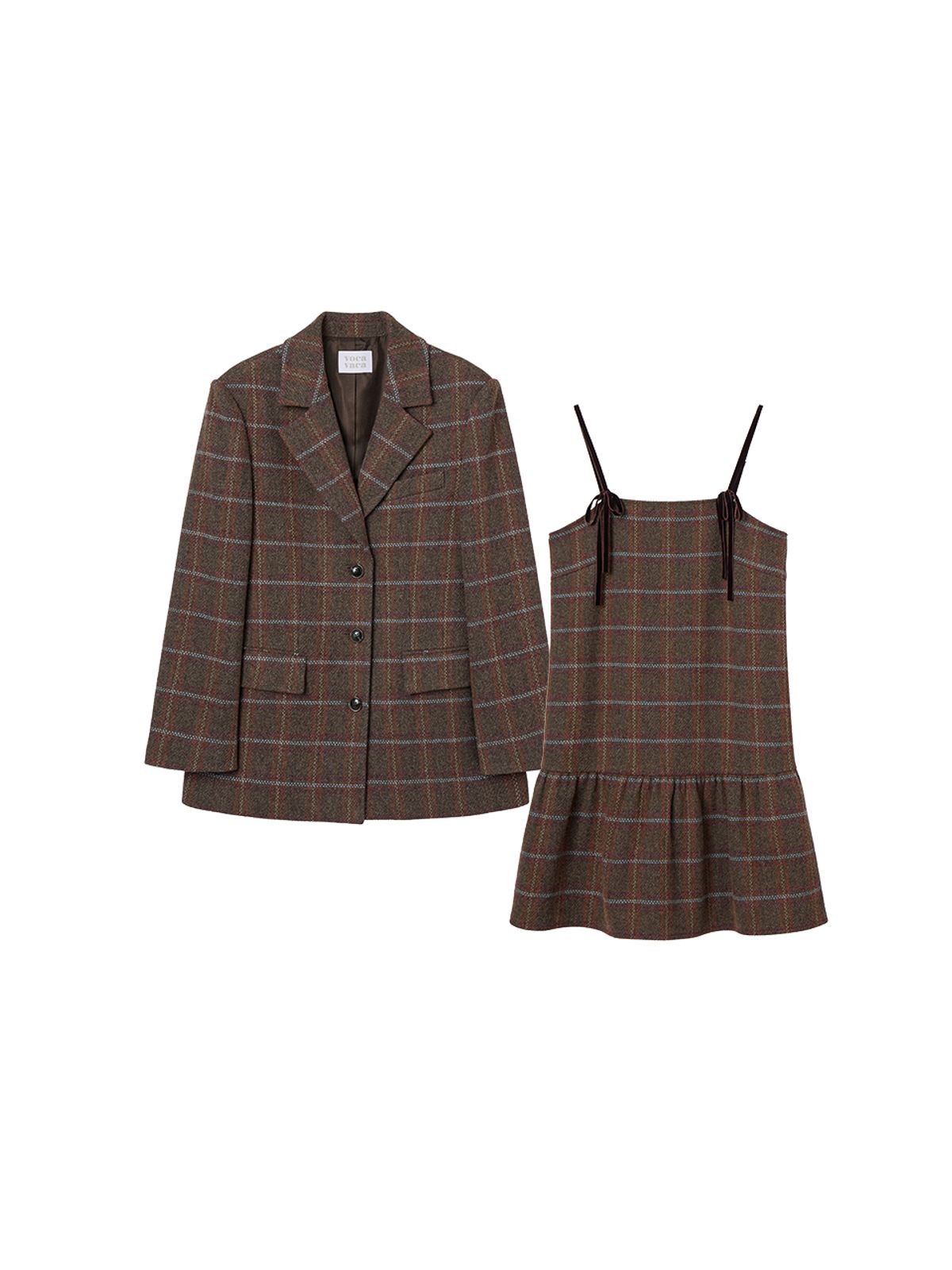 오더먼트 바이 보카바카(OTHEMENT BY VOCAVACA) [SET] Check Three Button Jacket & Ribbon Bustier Dress