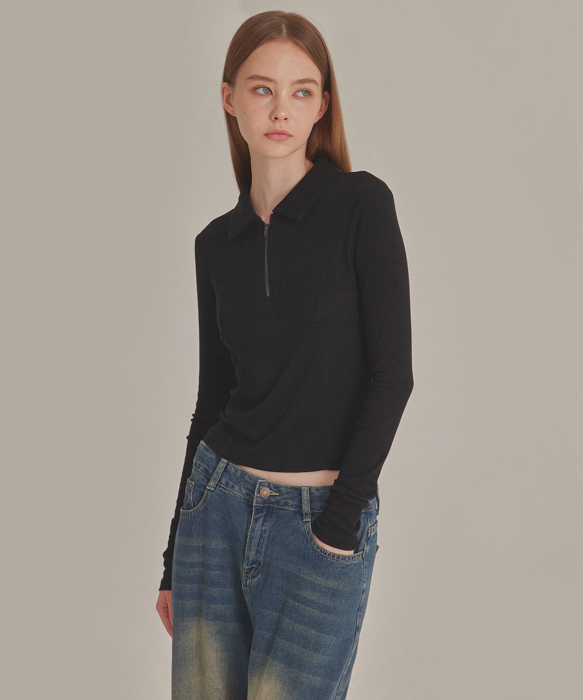 탑걸(TOPGIRL) COLLARED HALF ZIP LONG SLEEVE TOP_T426TP100