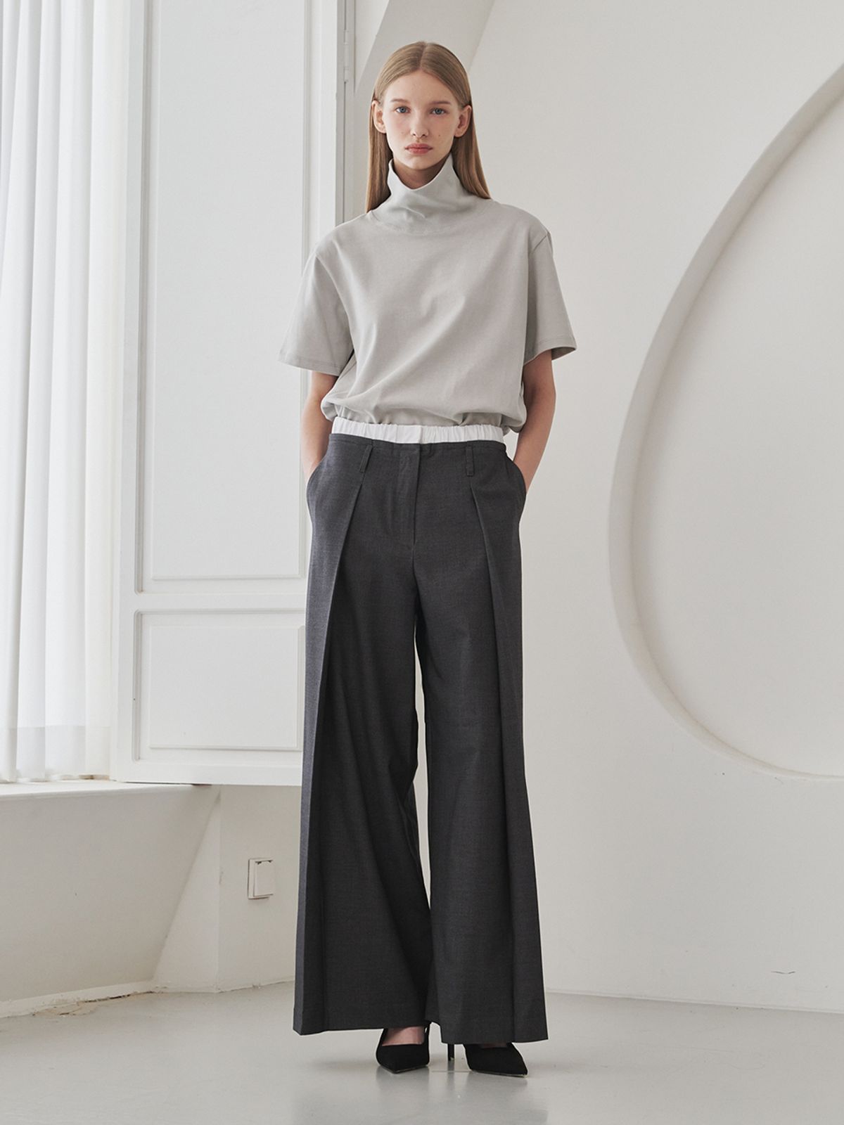 누브(NOUVE) Double Waist Wool Pants - Dark Gray