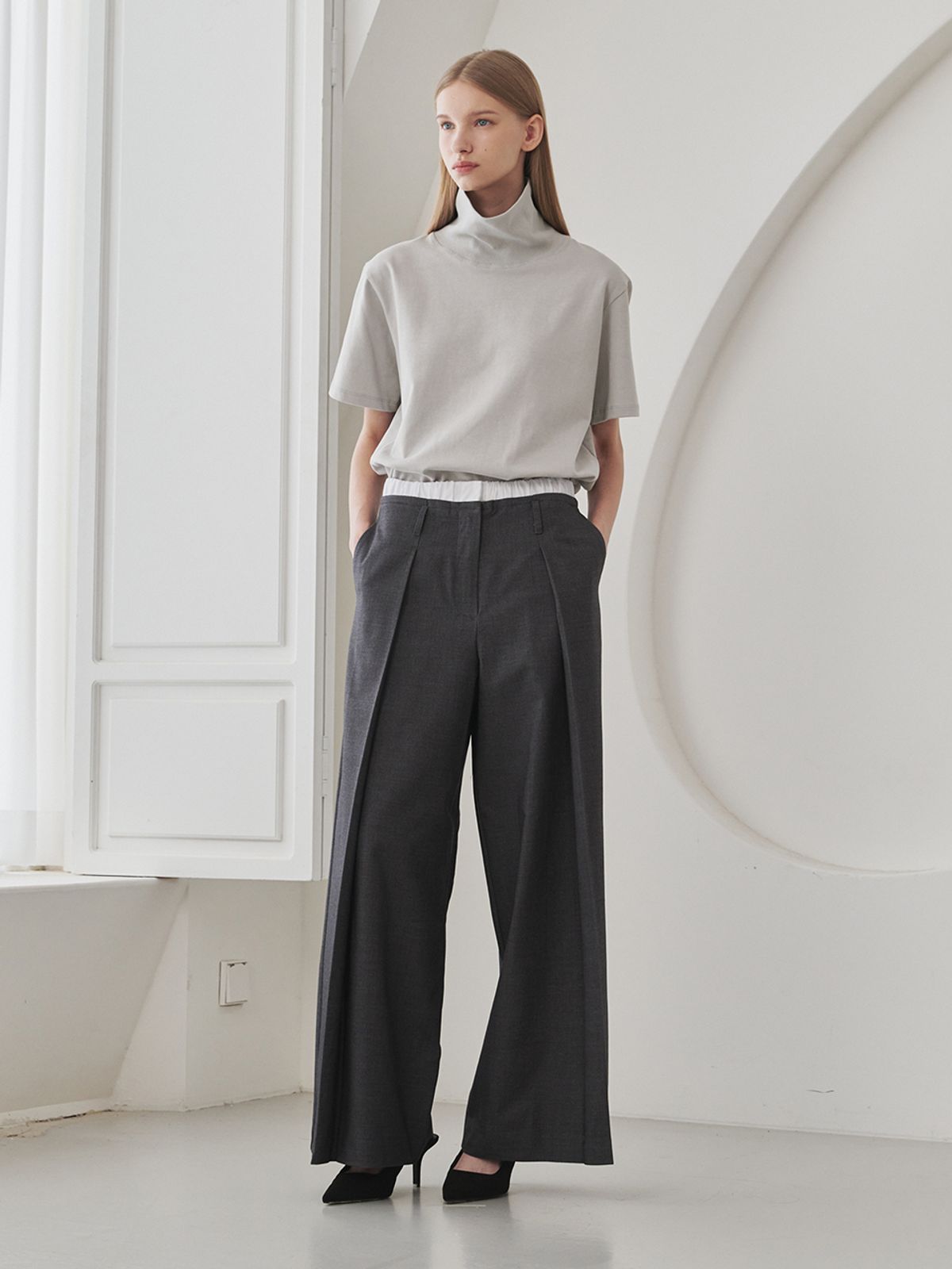 누브(NOUVE) Double Waist Wool Pants - Dark Gray
