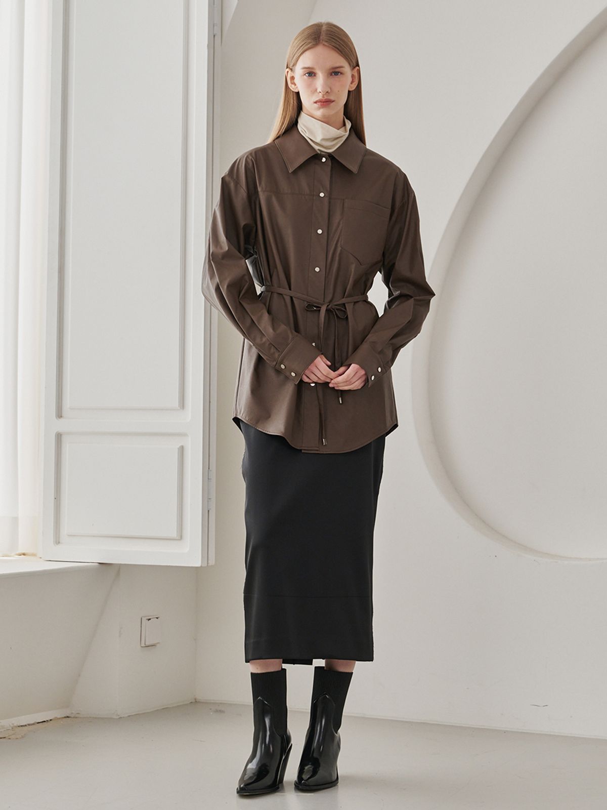 누브(NOUVE) Belted Leather Shirts - Brown