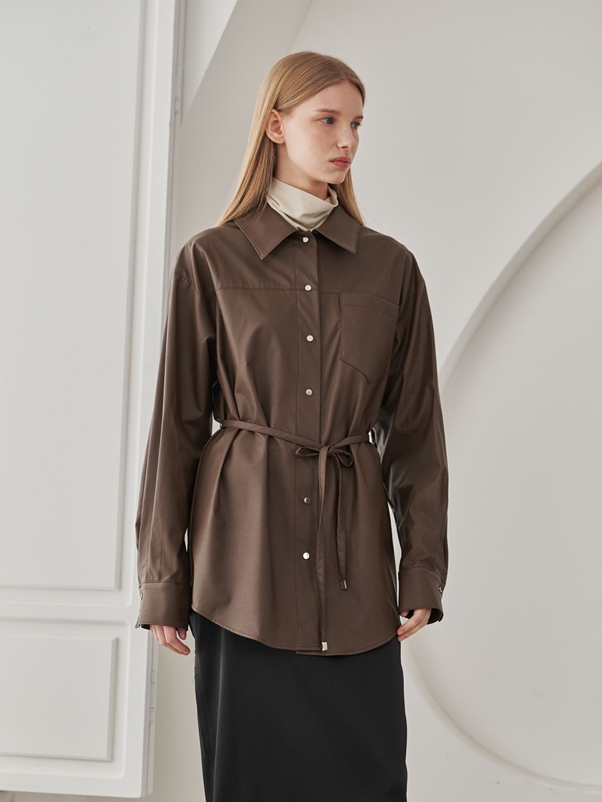 누브(NOUVE) Belted Leather Shirts - Brown
