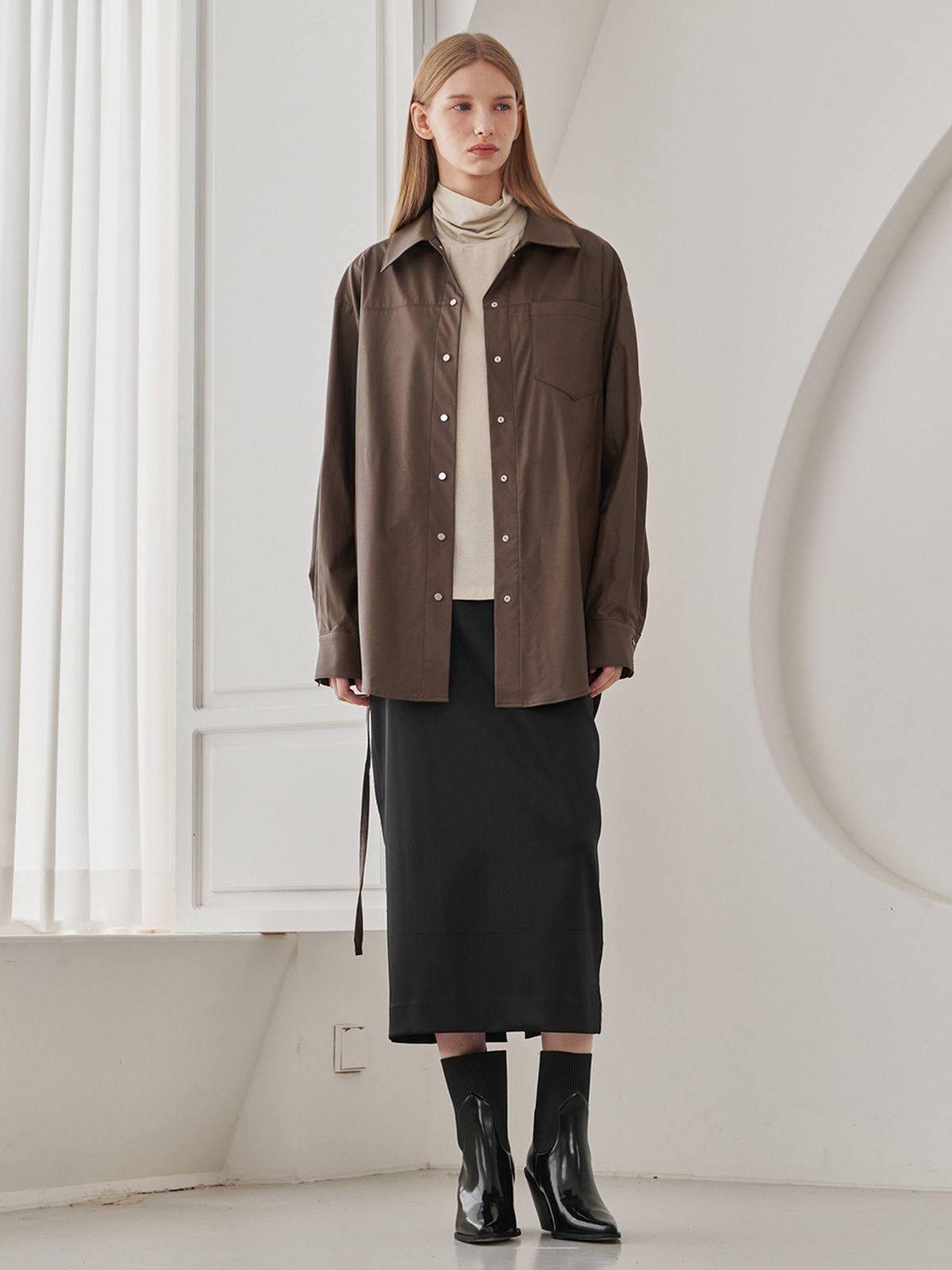 누브(NOUVE) Belted Leather Shirts - Brown