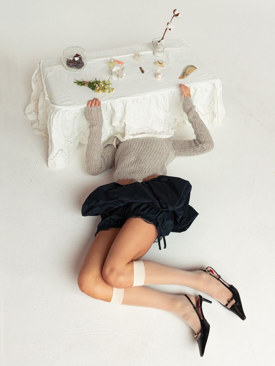 MUSINSA | GLOWNY ISA ASYMMETRICAL KNIT TOP (FOG)