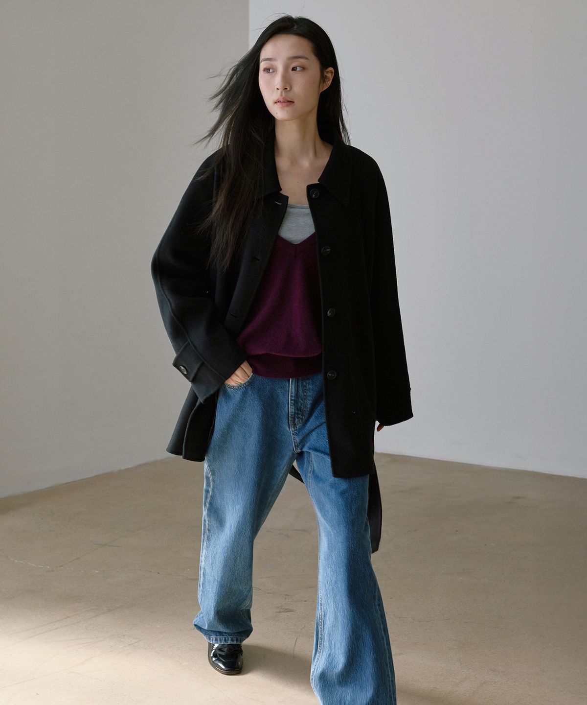 몽돌(MONGDOL) 캐시미어 울 핸드메이드 하프 코트 블랙 MDCT013BLACK