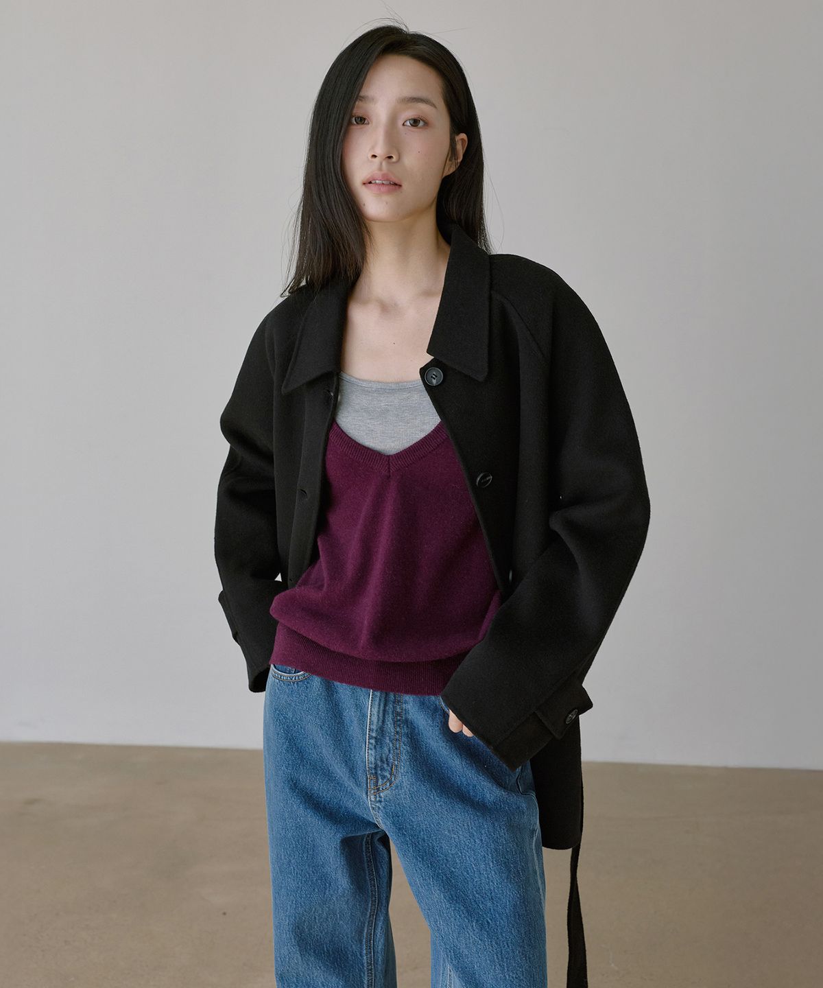 몽돌(MONGDOL) 캐시미어 울 핸드메이드 하프 코트 블랙 MDCT013BLACK