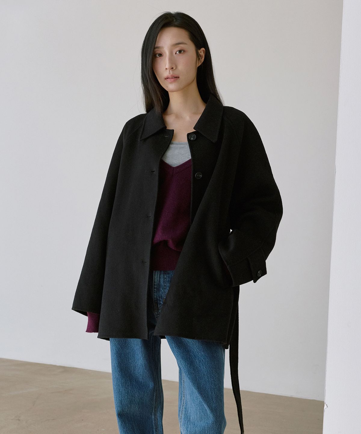 몽돌(MONGDOL) 캐시미어 울 핸드메이드 하프 코트 블랙 MDCT013BLACK