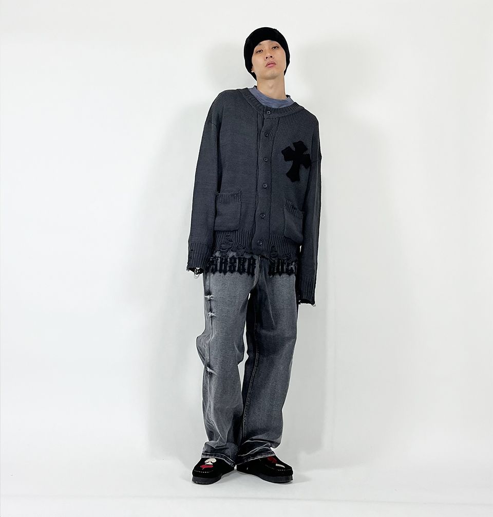 MUSINSA | SK8ER ROCK Classic Cross Destroyed Knit Cardigan ((Dark