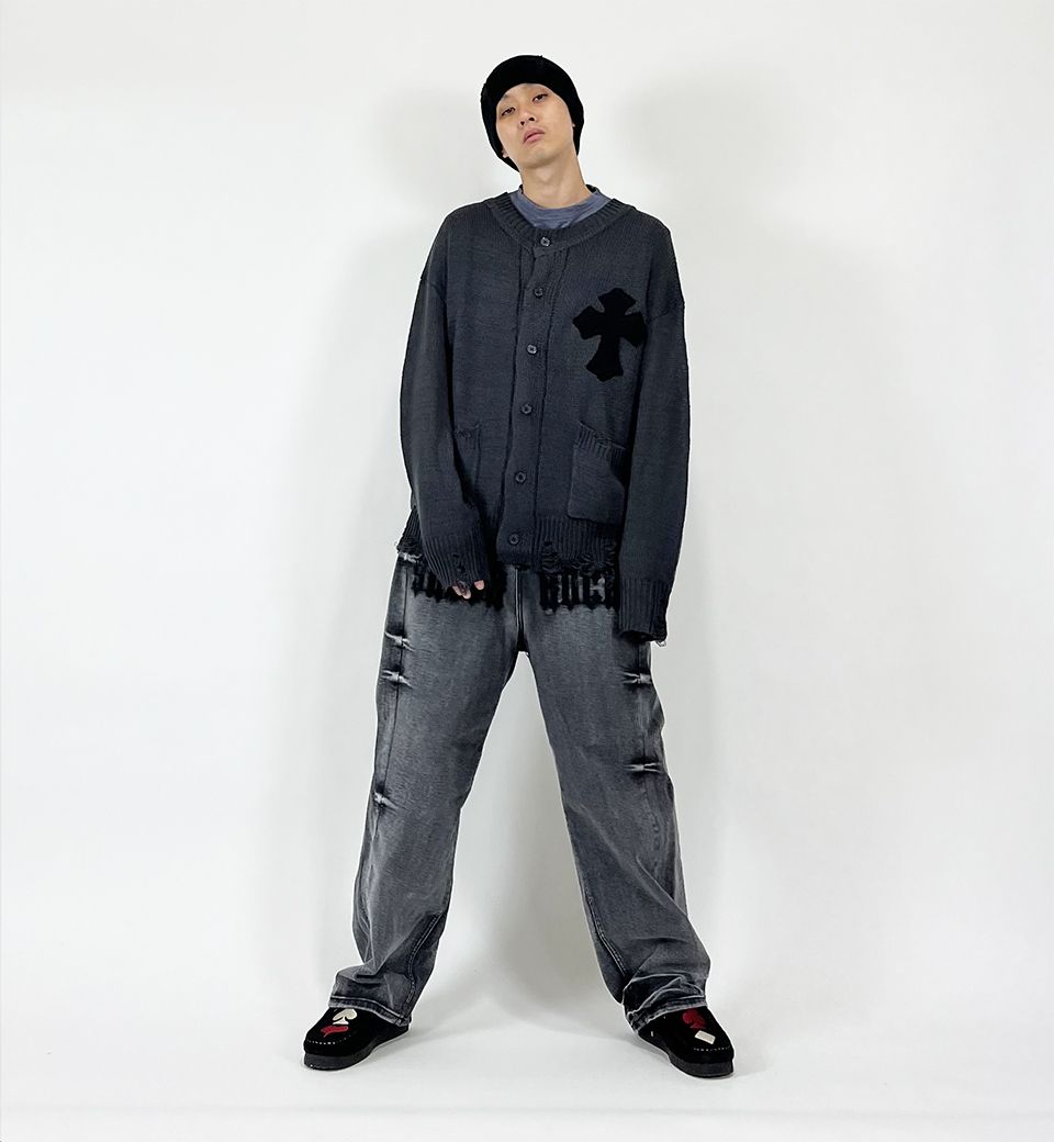 MUSINSA | SK8ER ROCK Classic Cross Destroyed Knit Cardigan ((Dark