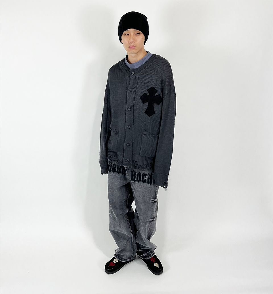 MUSINSA | SK8ER ROCK Classic Cross Destroyed Knit Cardigan ((Dark