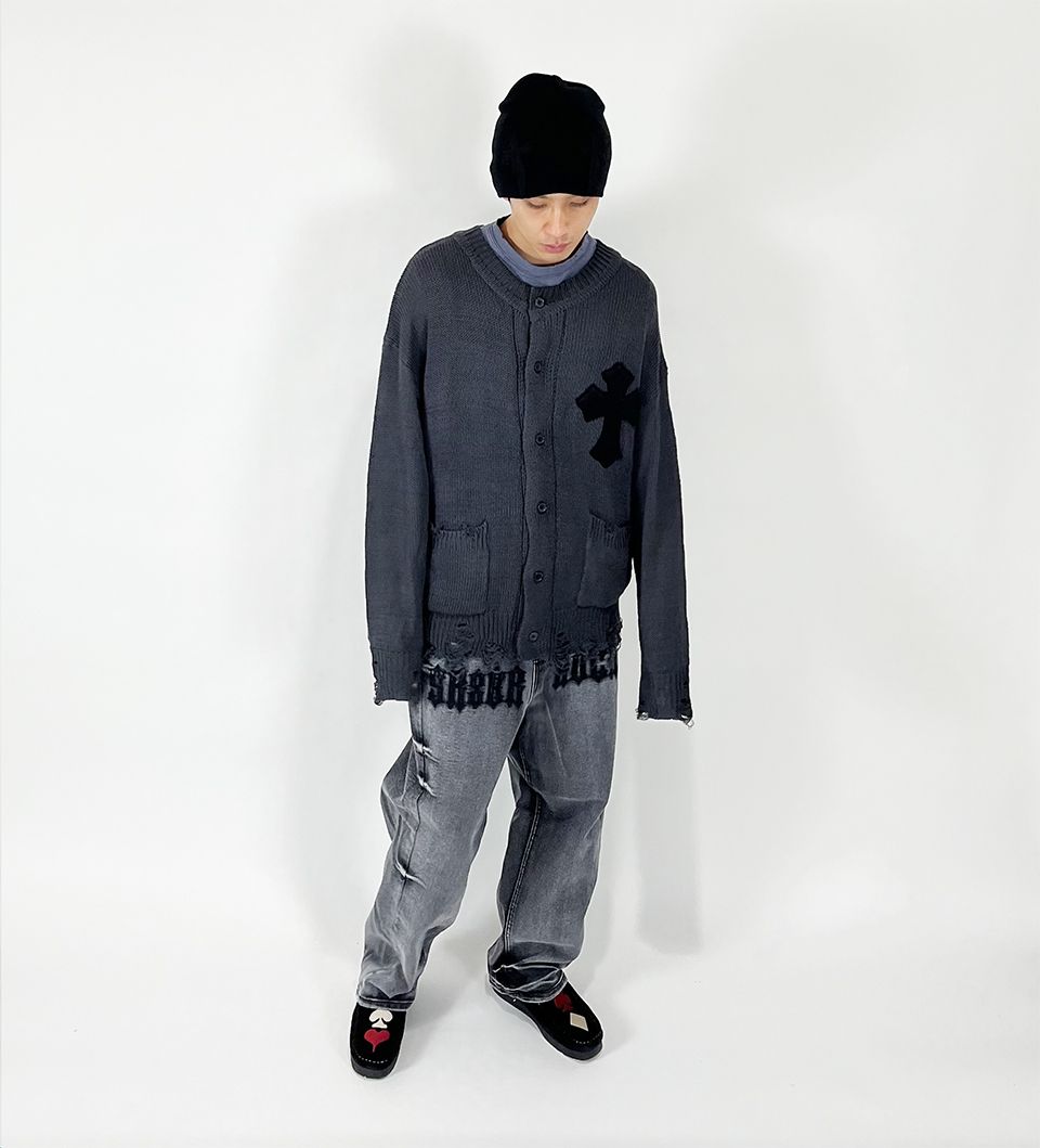 MUSINSA | SK8ER ROCK Classic Cross Destroyed Knit Cardigan ((Dark