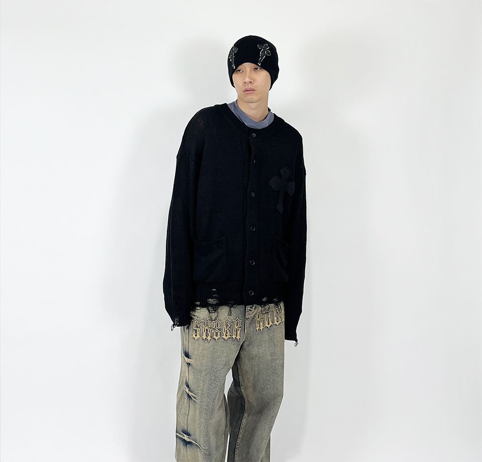 MUSINSA | SK8ER ROCK Classic Cross Destroyed Knit Cardigan ((Black))