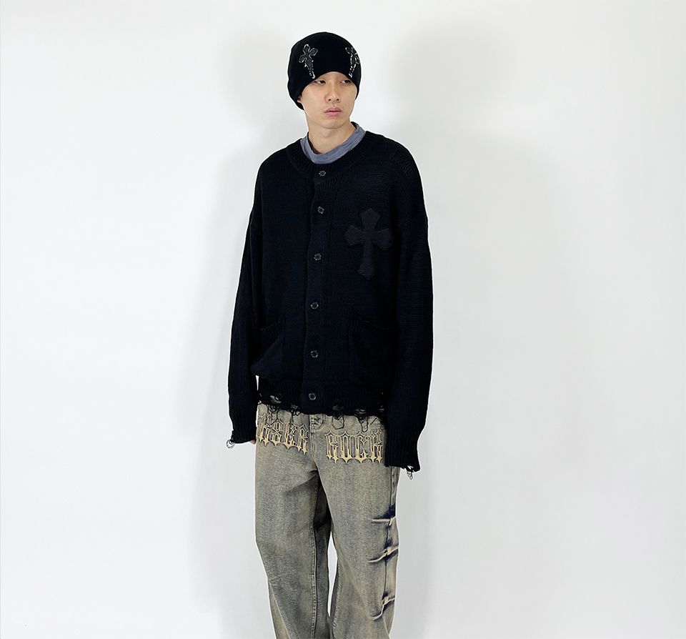 MUSINSA公式 | SK8ER ROCK Classic Cross Destroyed Knit Cardigan