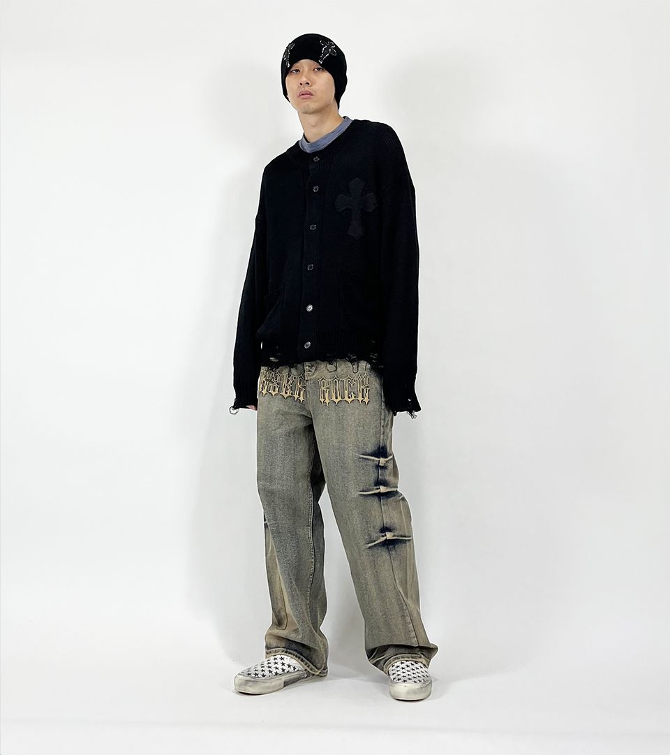 MUSINSA | SK8ER ROCK Classic Cross Destroyed Knit Cardigan ((Black))