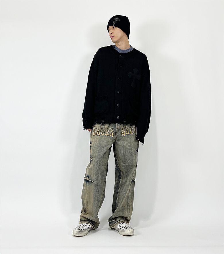 MUSINSA公式 | SK8ER ROCK Classic Cross Destroyed Knit Cardigan 
