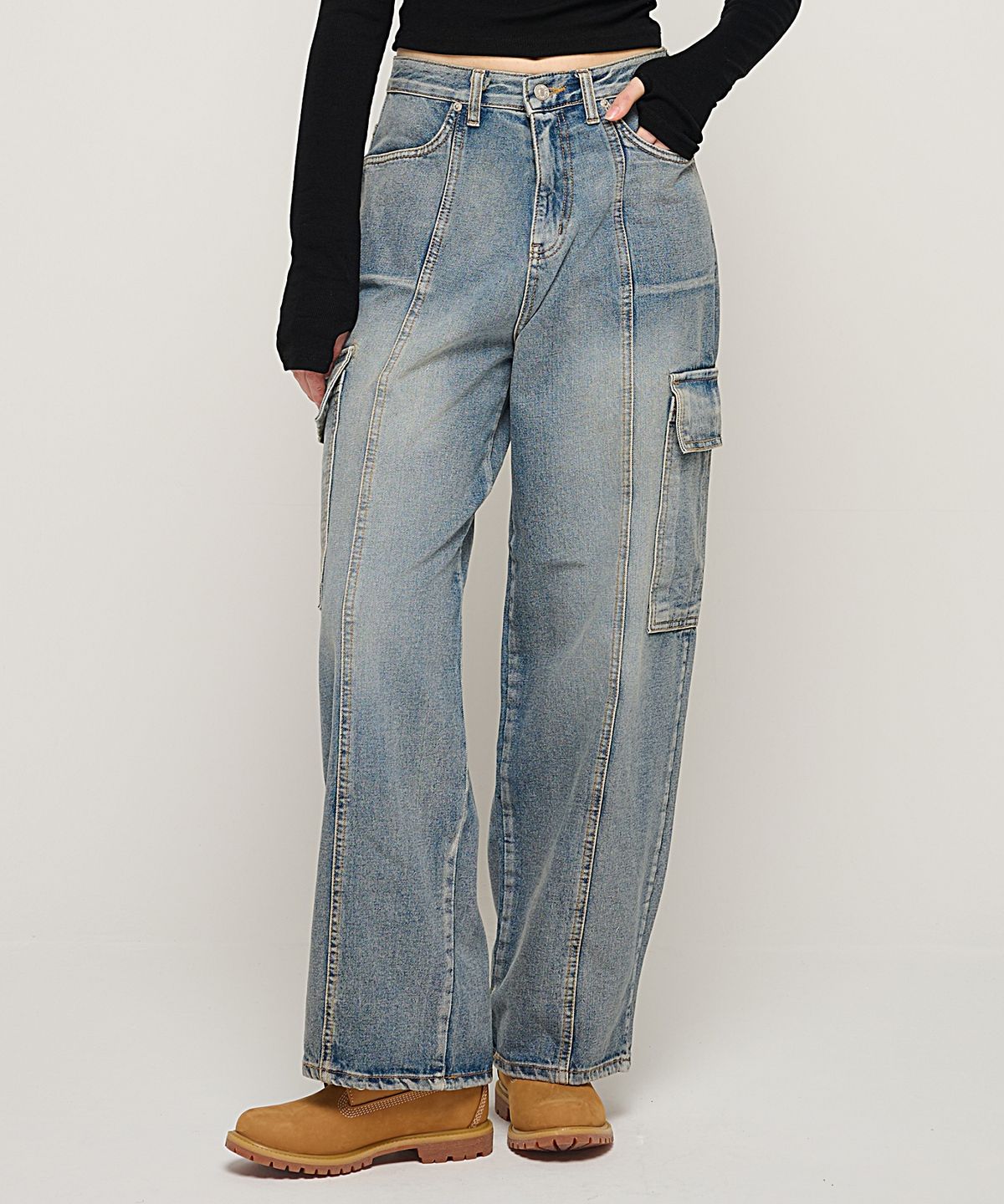 카고브로스 포 우먼(CARGOBROS FOR WOMAN) 워크 워시드 데님 카고 팬츠 (중청)