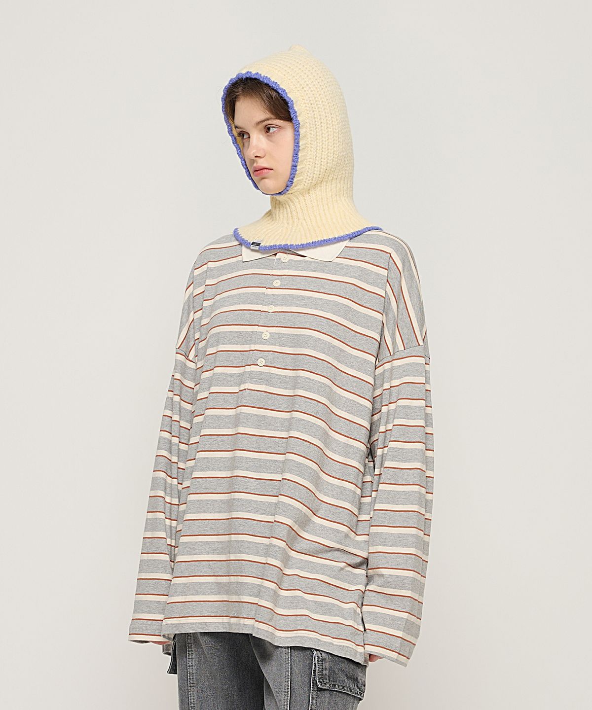 카고브로스 포 우먼(CARGOBROS FOR WOMAN) 볼드 스트라이프 카라 티셔츠 (그레이)