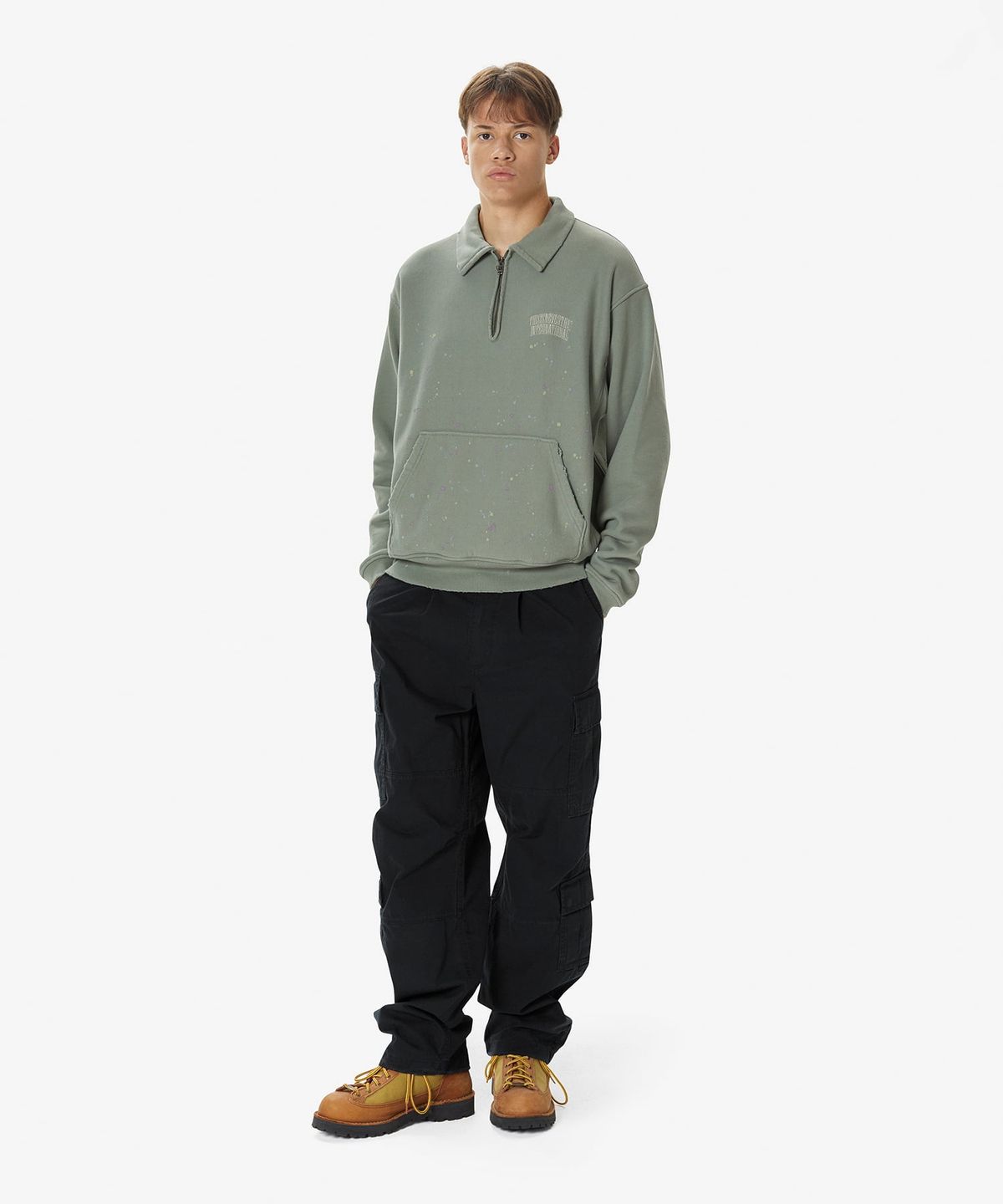 디스이즈네버댓(THISISNEVERTHAT) Damaged Half Zip Polo Sweatshirt Light Olive