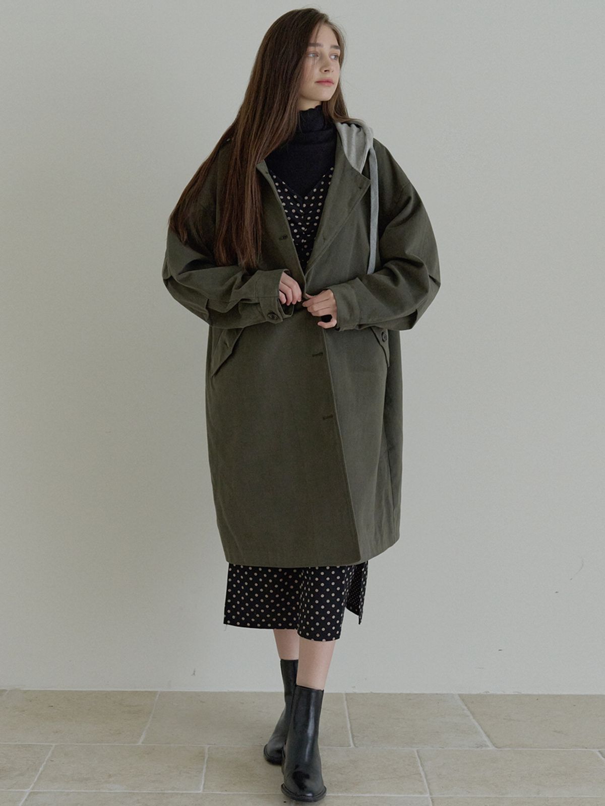 아방(AVANT-G) Overfit Hooded Long Jumper - KHAKI